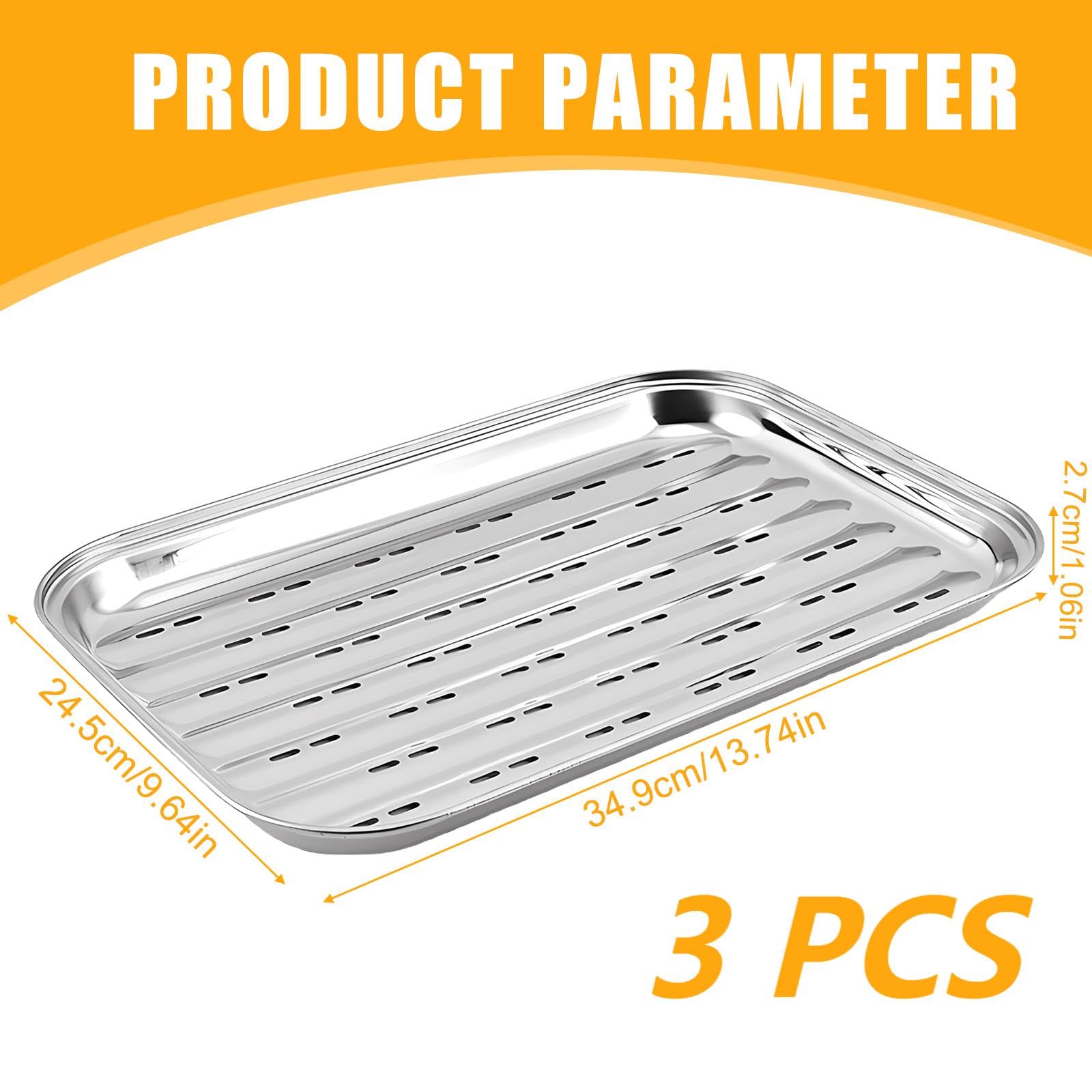 Asfrode 2 bandejas para barbacoa de acero inoxidable, 34,5 x 24,2 x 2,7 cm, reutilizables, para verduras, pescado o carne, para barbacoas de gas, eléctricas y de carbón vegetal (3, plata)