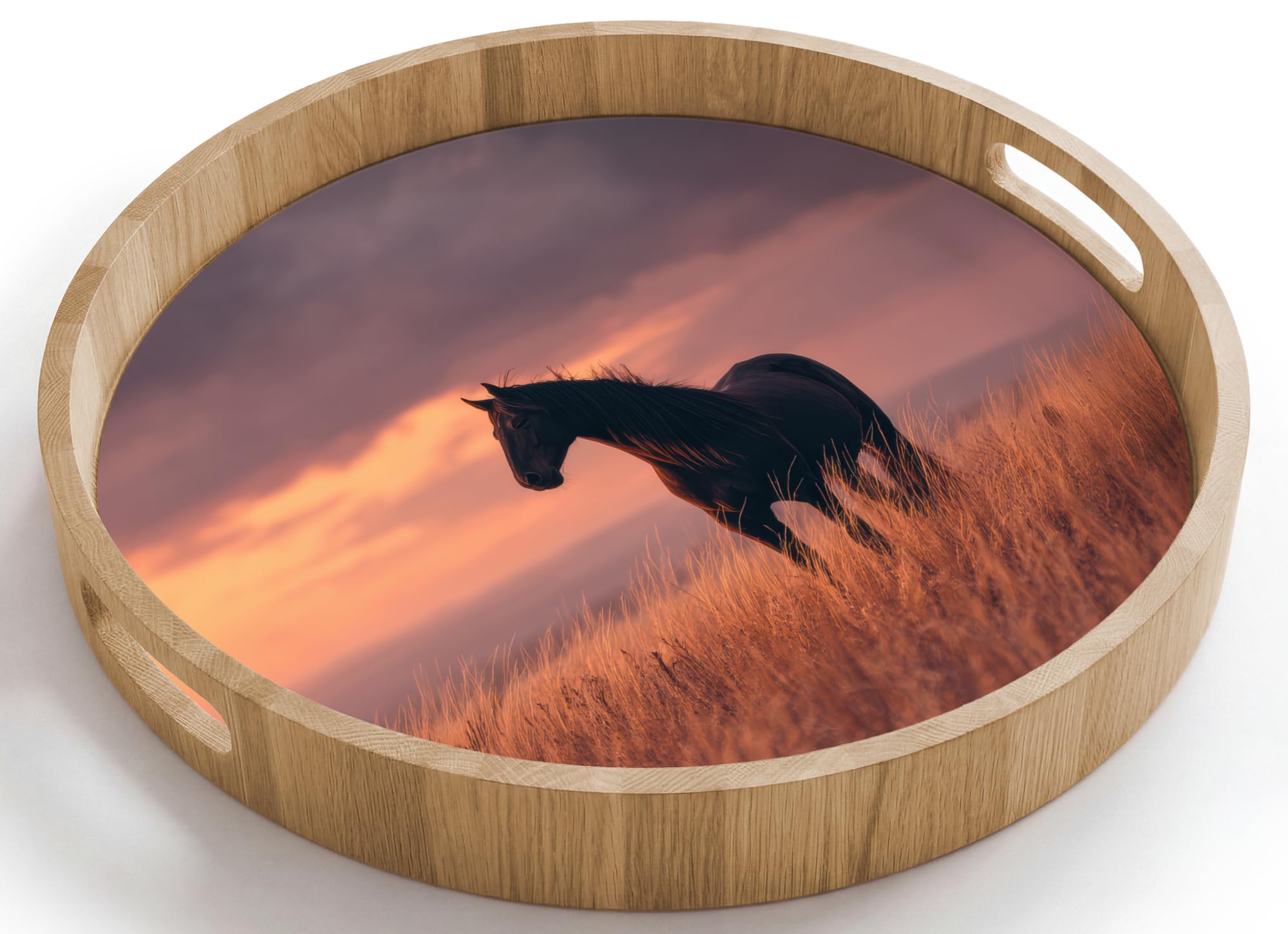 Plateau rond 40x40 cm en bois de chêne avec poignées et décor chevaux