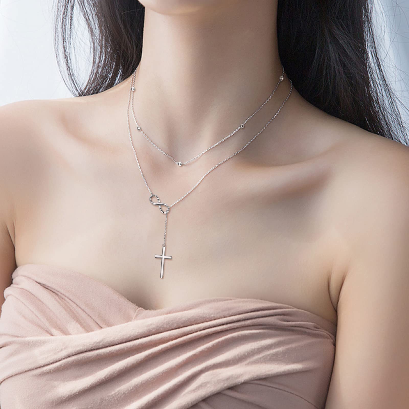Collana da donna in argento sterling 925, con croce a più file, con croce e gioielli da donna, Nessuna pietra preziosa