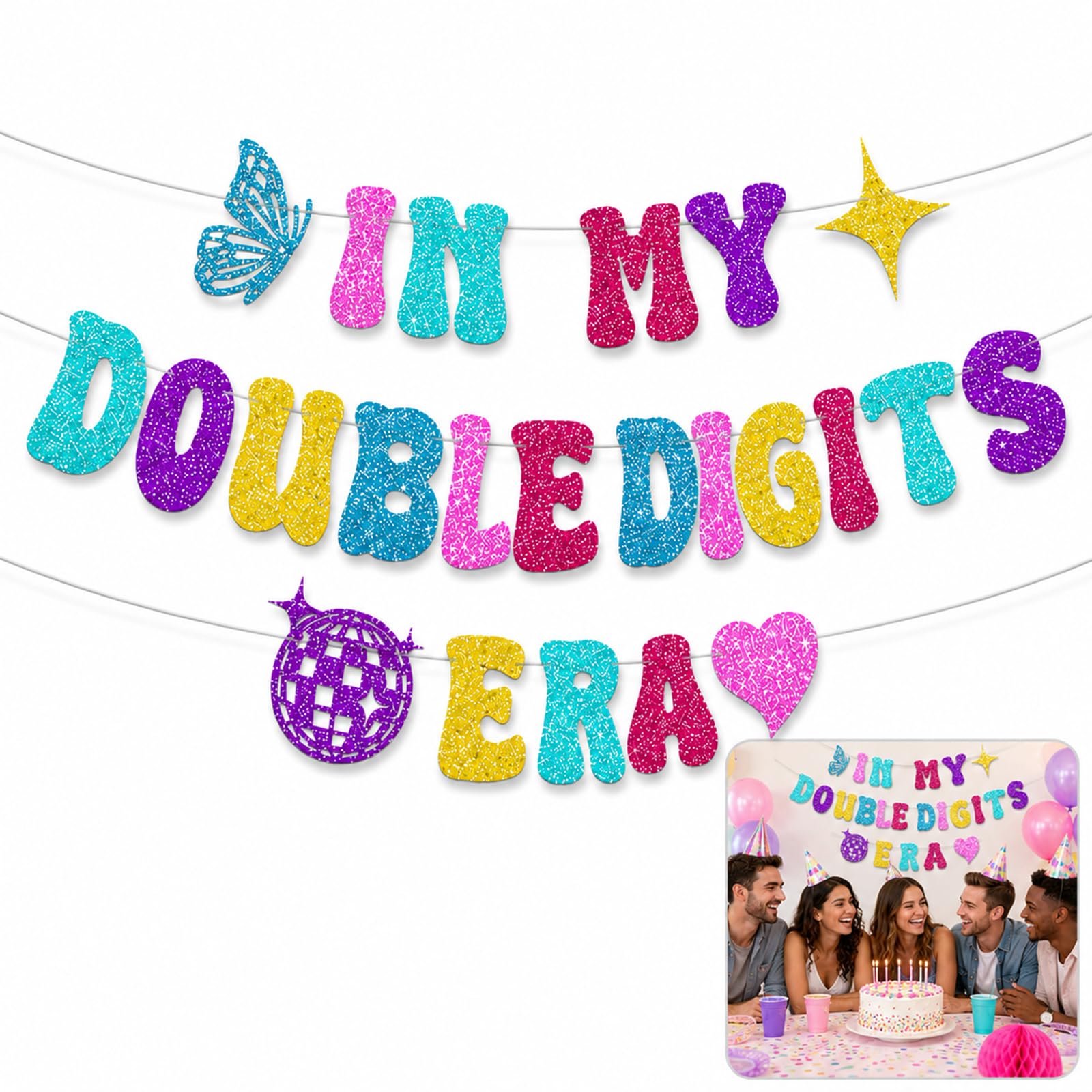 Mistillion Pink Glitter “In My Double Digits Era” Banner, 10th Birthday Party Decorations for Girls, Reusable Cardboard Sign with String