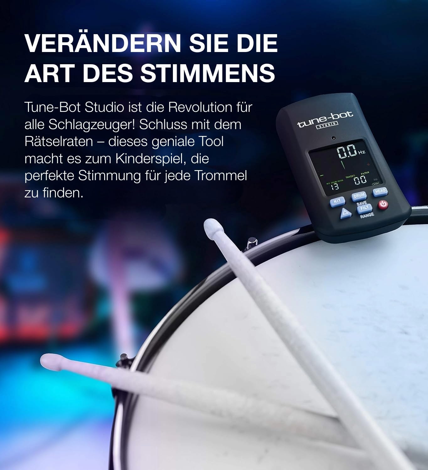 Overtone Labs Tune-Bot Studio TBS-001 Digitales Schlagzeug-Stimmgerät mit Clip, Frequenz- & Tonhöhenmessung, Speicherfunktion für 5 Drumkits, LCD-Farbdisplay, inkl. Etui