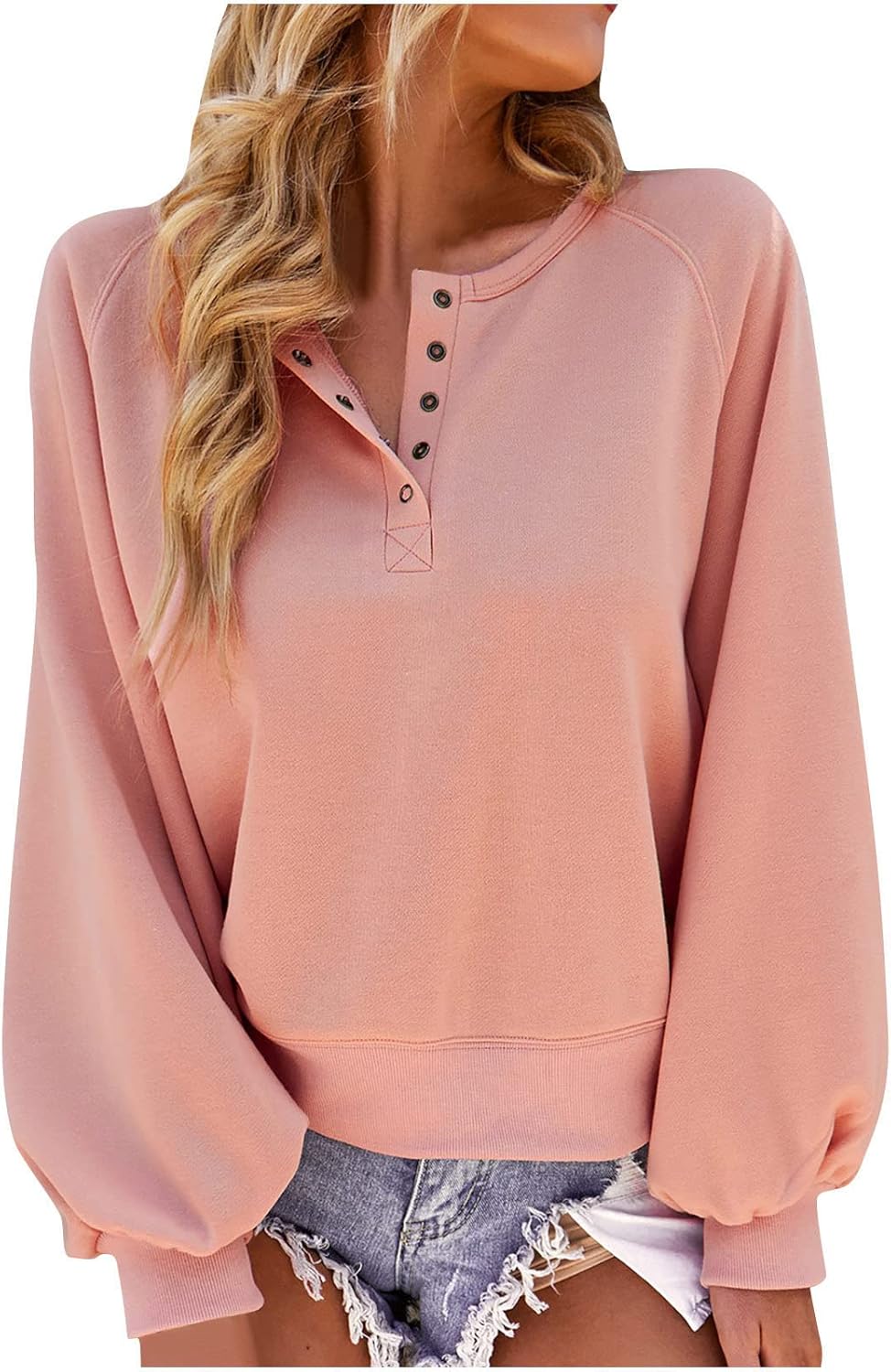 TUNUSKAT Womens Casual Plain Sweatshirt Long Sleeve Button V Neck Top Loose Fit Pullover Solid Casual Sweat Shirt Cute Shirts : Sports & Outdoors