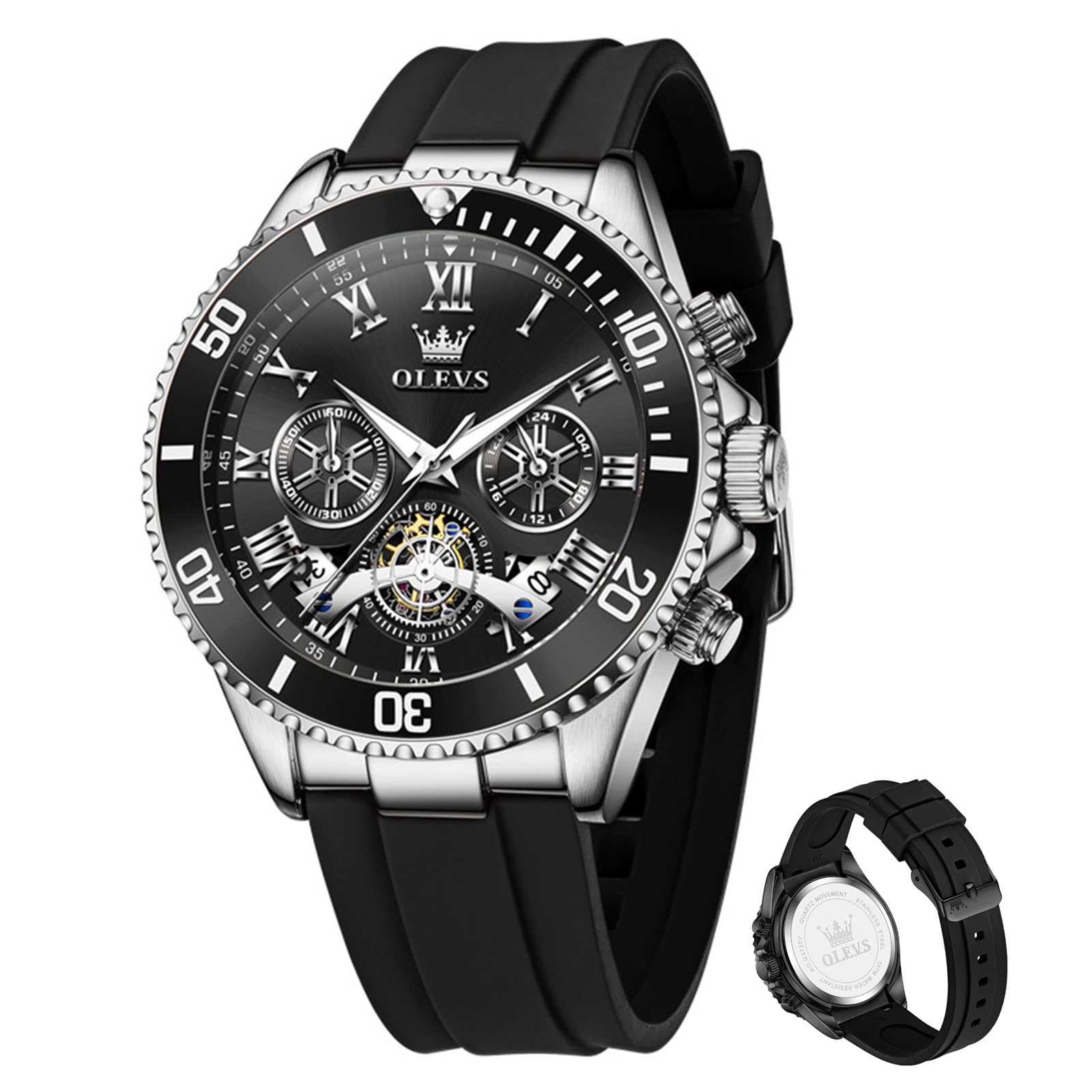 OLEVS Herren Quarzuhr Chronograph Silikonarmband 30M Wasserdicht Armbanduhr | Multifunktion Herren Uhr mit Kalender‑Fenster, Komfortables Silikonband, 3ATM Spritzwasserschutz Analoge für Alltag & Sport