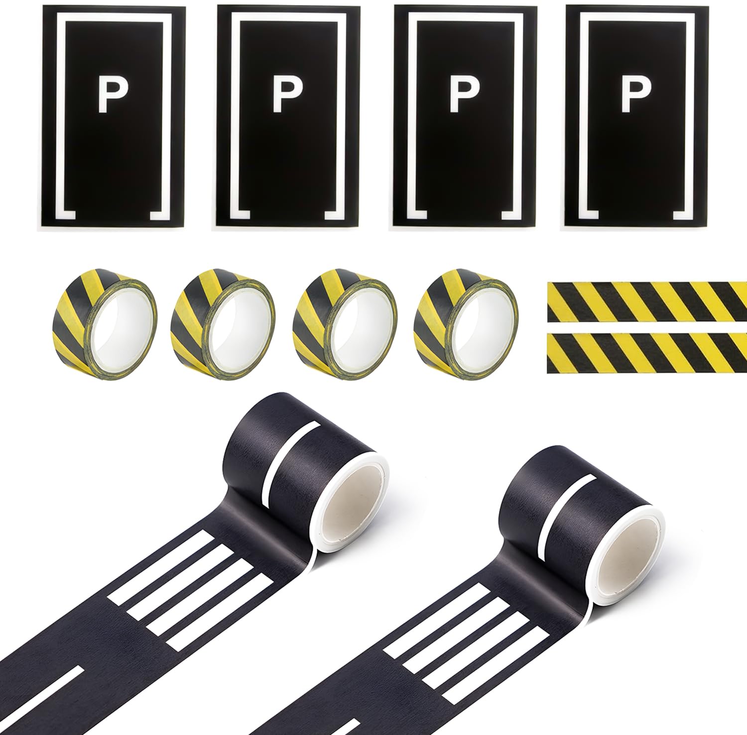 WALWAL Road Railway Tape for Toy Cars Track Trains, Perfect for Preschoolers and Elementary Kids Boosts Creativity(2 Rolls Road + 4 Rolls Black and Yellow Warning Tape + 4 Pcs Parking Stickers)