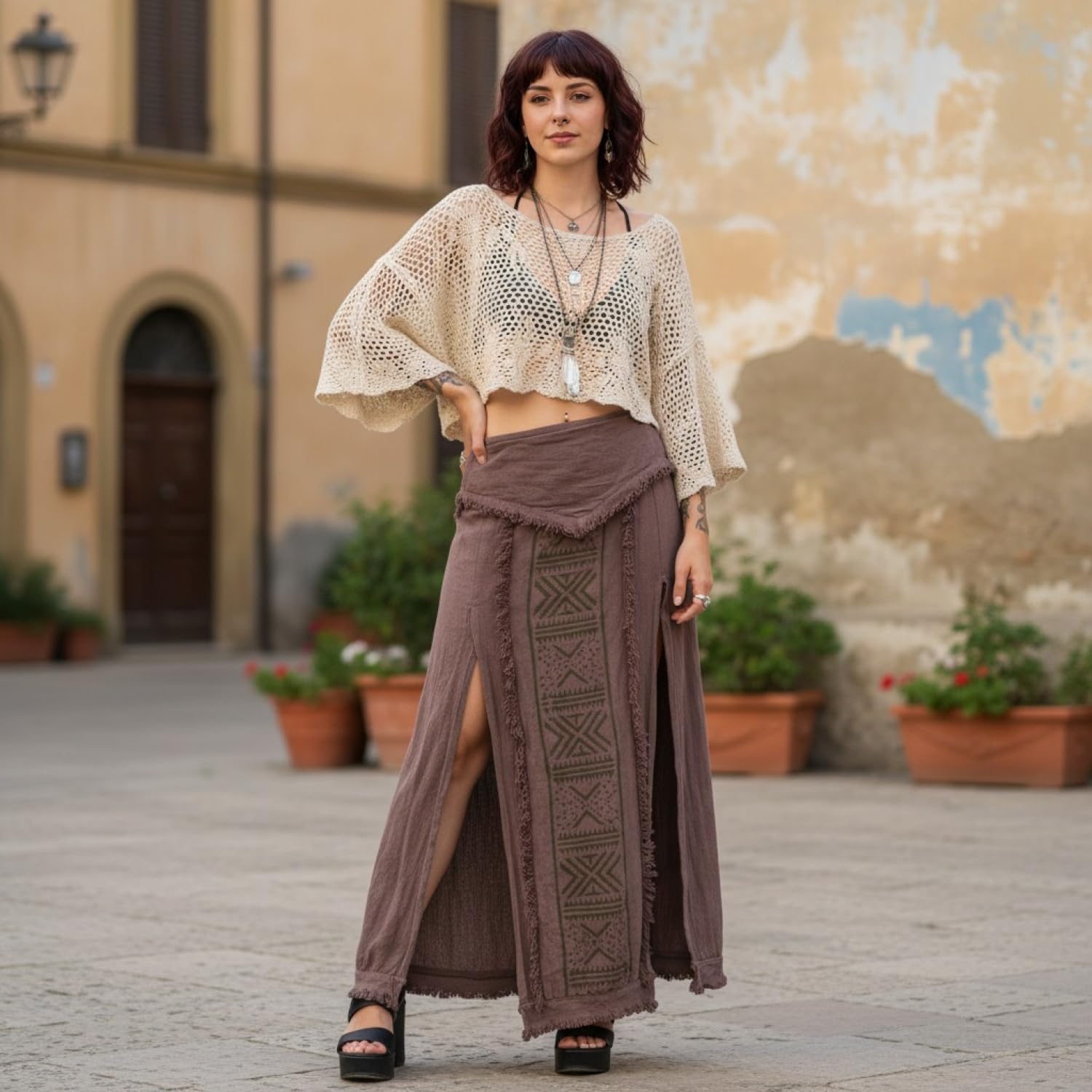 GURU SHOP Falda de panel largo, falda abierta de verano, falda étnica, para mujer, marrón, algodón, talla: 38