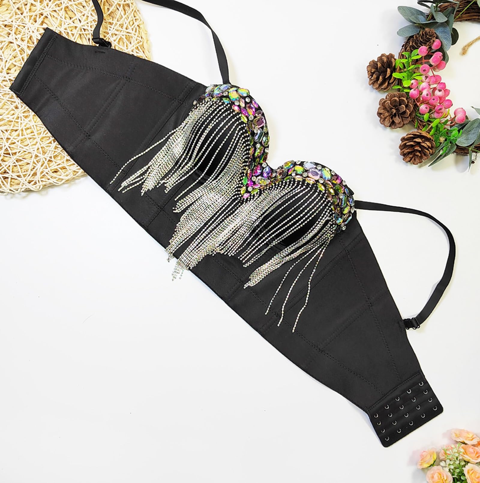 Top Corto Bustier In Corsetto Sexy per Donne con Perline e Strass, con Spalline Regolabili
