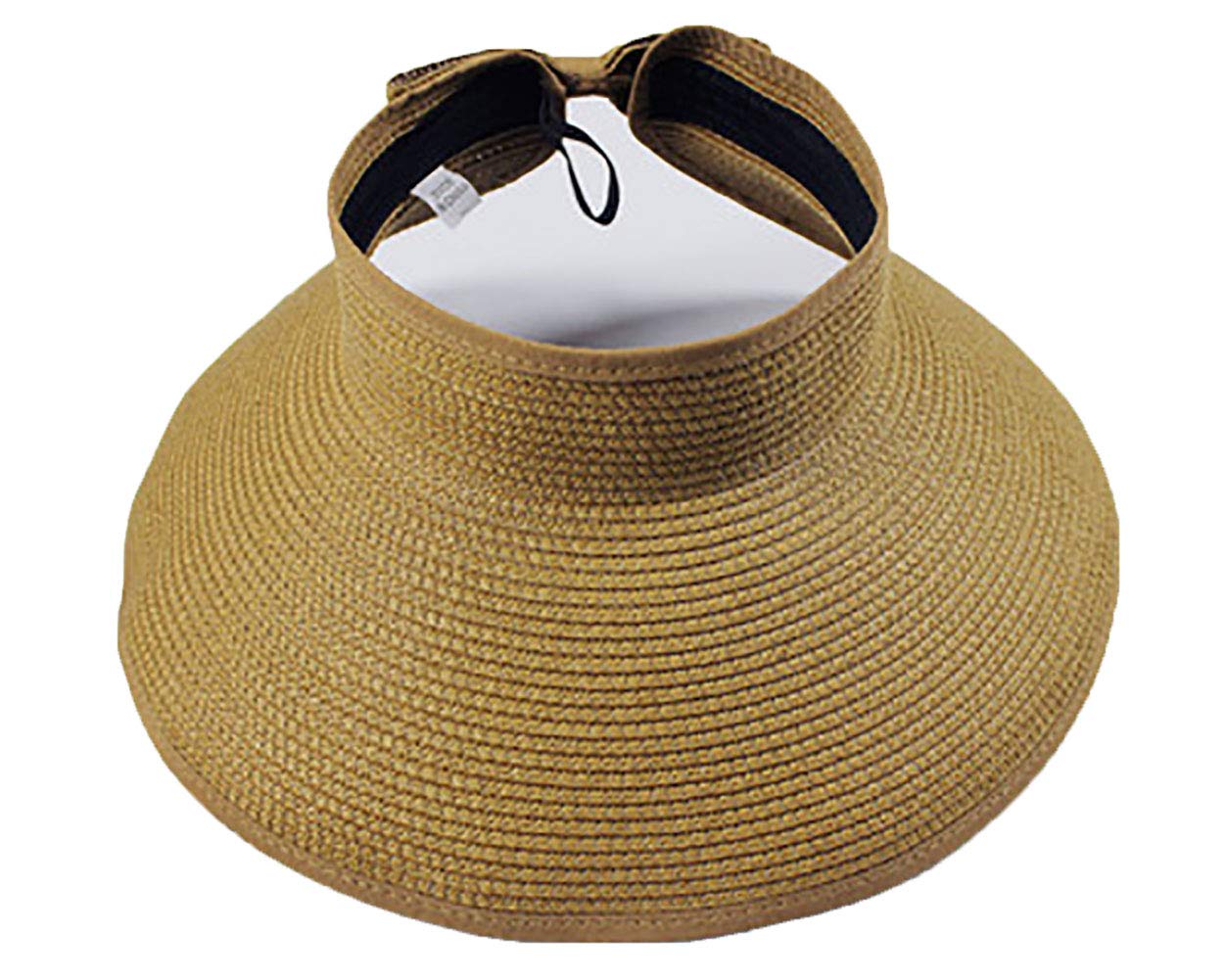Ulalaza Women's Summer Foldable Straw Sun Visor w/Cute Bowtie UPF 50+ Packable Wide Brim Roll-Up Visor Beach Hat Khaki