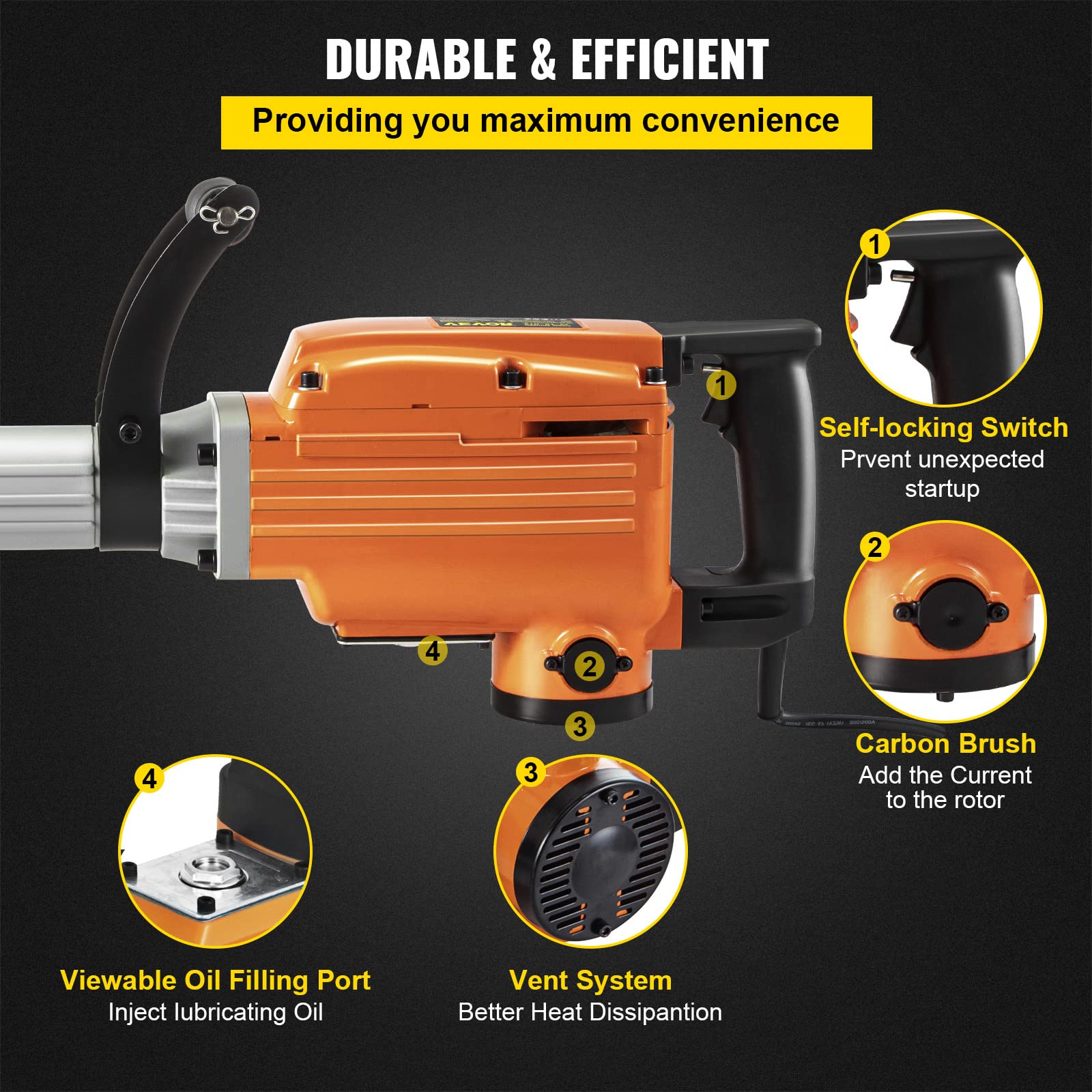 VEVOR Martello Demolitore Elettrico 1500W 65A Martello Demolitore con Impugnatura Ergonomica Rotante a 360° per Calcestruzzo, Mattoni, Stucchi di Piastrelle, Rimozione di Fondamenta di Alloggiamenti