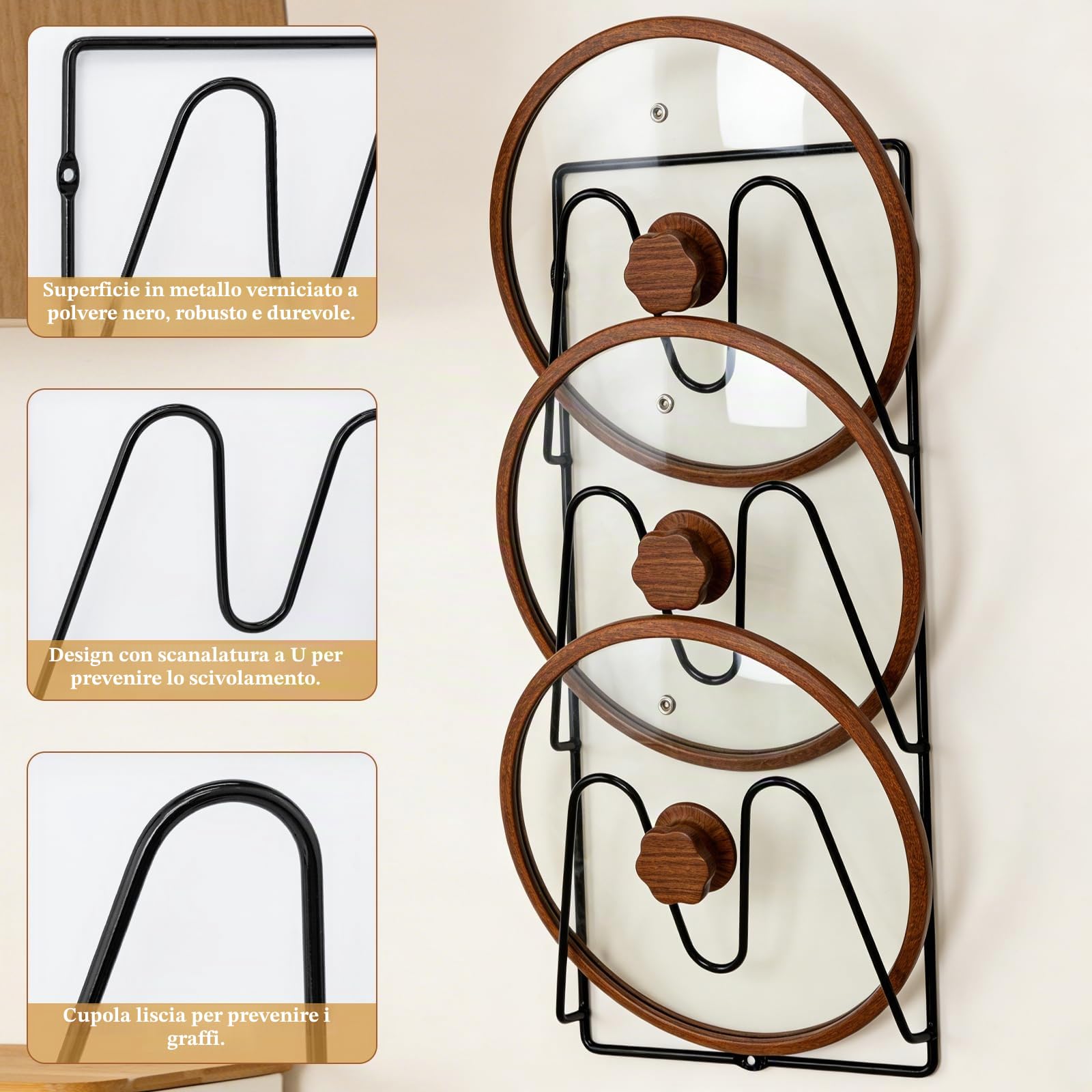 Confezione da 2 organizer per coperchi di pentole, 6 ripiani a V, da parete, con 6 adesivi, 6 chiodi e 6 tasselli in plastica per pareti, ante dell'armadio, sotto il lavandino (nero)