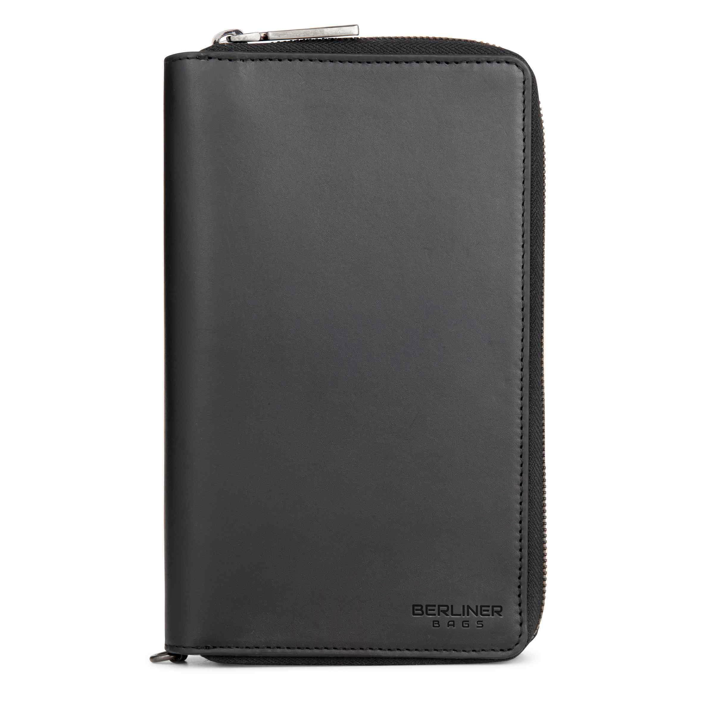 Berliner Bags Dallas Cartera XL Organizador de Viaje de Cuero Hombre RFID | Negro Billetera De Piel Auténtica 26 Tarjetas Monedero Con Cremallera Correa Muñeca Bucle Bolígrafo Protección Nfc Elegante