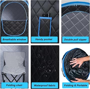 Foldable Portable Steam Sauna, Personal Sauna Tent for Home SPA with 1000w 2.2L Steamer, Folding Chair, Remote Control, Black