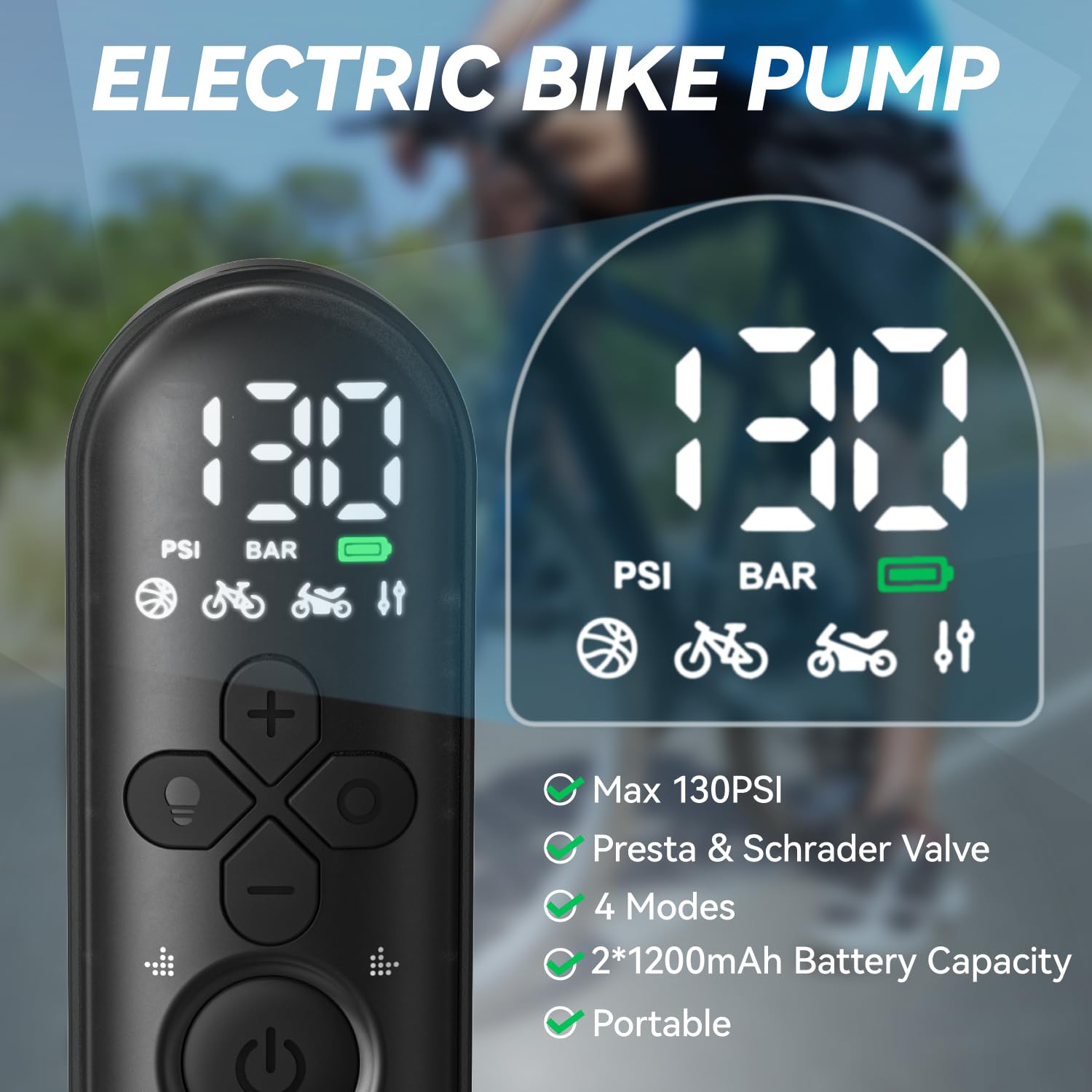 GPUTEK Bike Tire Mini Pompa Elettrica: 120 Psi Alta Pressione Portatile Piccola Pompa Per Bicicletta Con Manometro Digitale Per Valvole Presta E Schrader Di Bici Da Strada, Mountain Bike, E-Bike