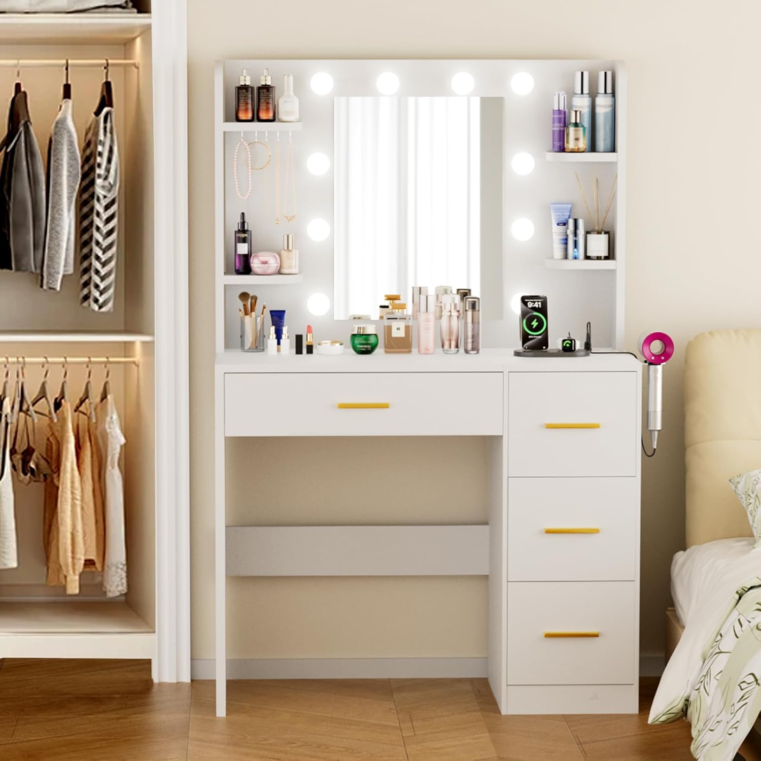 Vanity Desk, Makeup Vanity Desk with Mirror and Lights 3 Colors, Makeup Vanity Table with Power Outlet, 4 Drawers and 4 Storage Shelves, 5 Hooks Dressing Table for Bedroom Dressing Room (White)
