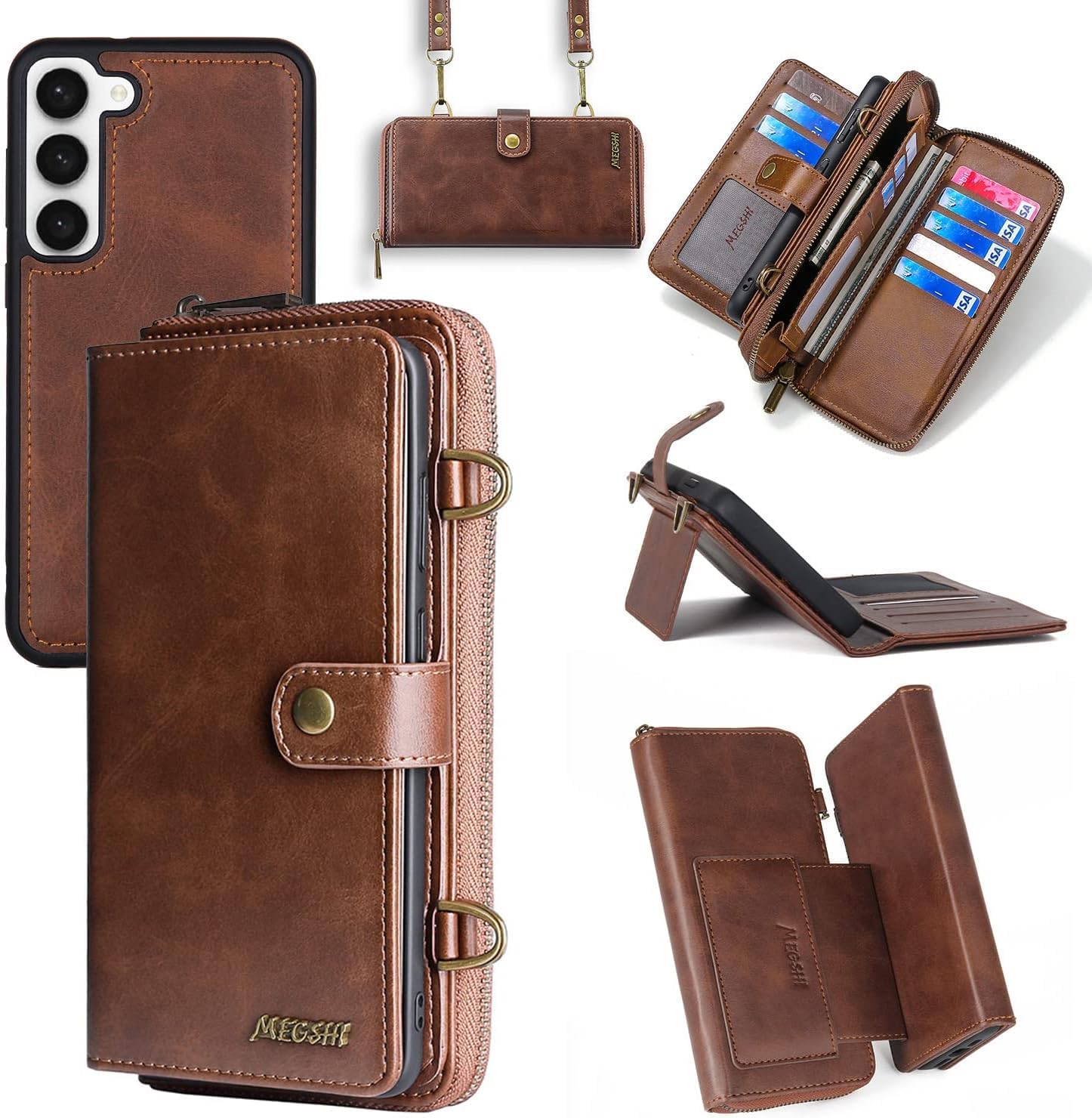Detachable 2 in 1 Wallet Case for Samsung Galaxy S25 5G with Detachable Wrist Strap,Crossbody Shoulder Strap, 9+ Card Slots Zipper Purse,Stand Cell Phone Cover for S 25 25S G5 Brown