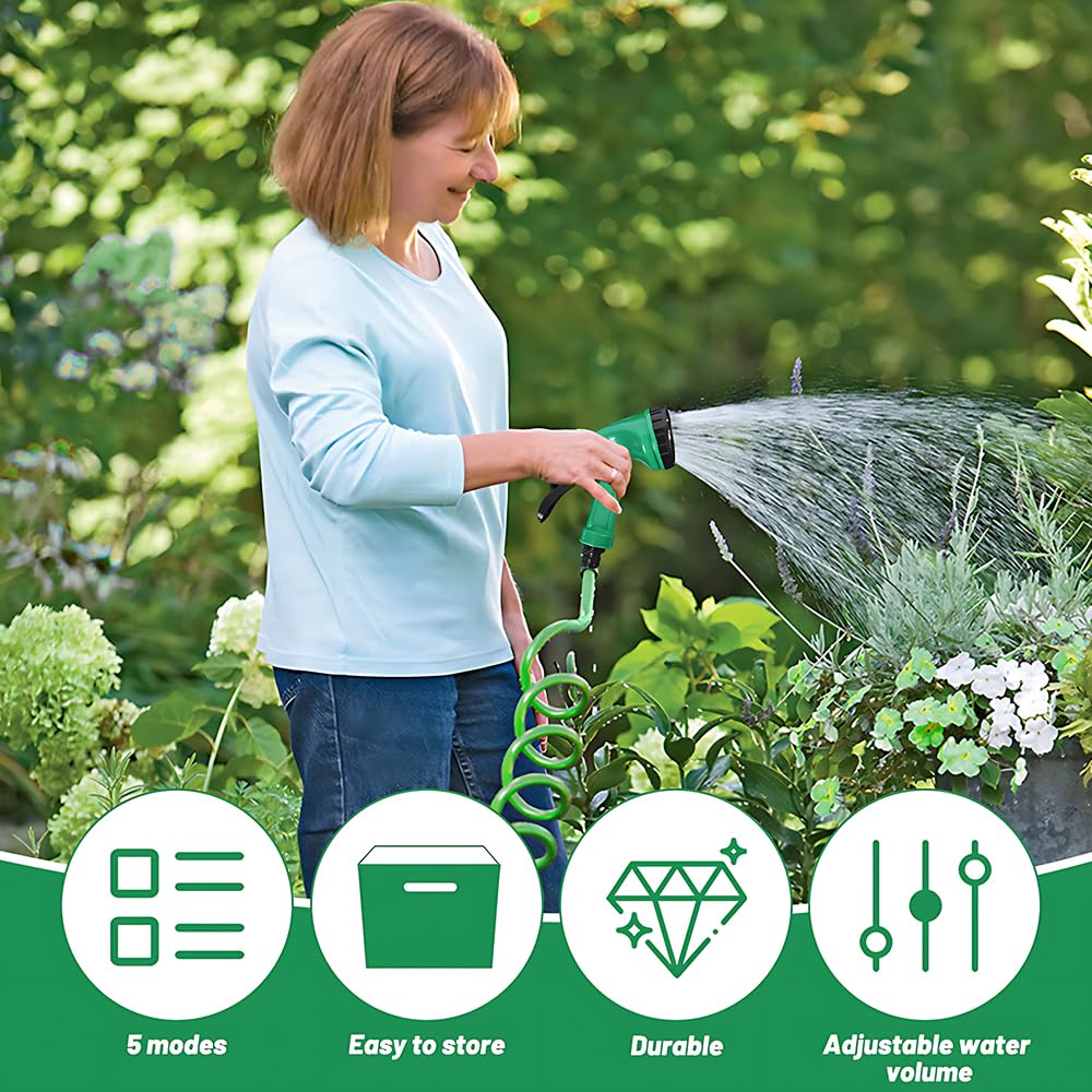 Tubo Flessibile a Spirale Irrigazione, Acqua Tubo Estensibile da Giardino, Spirale Giardino con 5 Funzioni Spruzzo, Applica Giardinaggio Irrigazione Prato (7.5M)