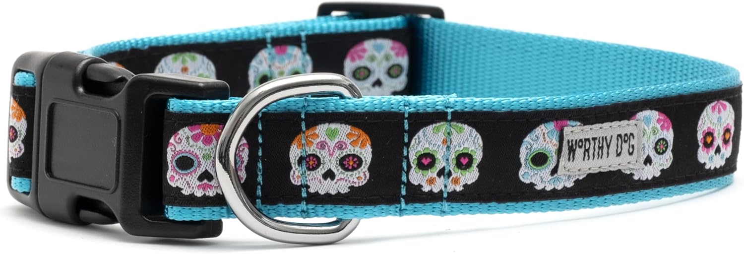 THE WORTHY DOG Collar for Large Dogs, Adjusts 18-24 inches, Durable Nylon Webbing, Quick Release Buckle, Skeletons Pattern, Black, X-Large