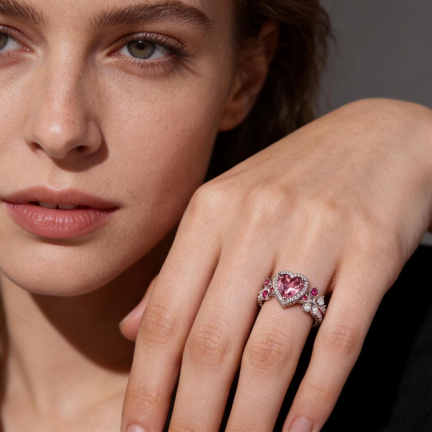 925 Sterling Silver Ring for Women,Pink Heart Cut Cubic Zirconia Promise Engagement Love Halo Rings Dainty Silver Leaf Jewelry Gift for Women Wedding Anniversary Graduation Size:6-10