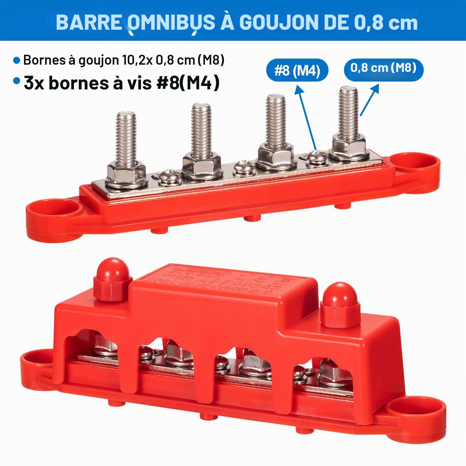 Spurtar Bloc de Distribution Bornier 12V 24V 48V DC 250A BusBar avec 4 x M8 Boulons et 3x M4 Vis pour Voiture, Camion, Bateau, 16,5 × 3,4 × 4,8 cm – Ne Convient Pas aux Espaces Étroits