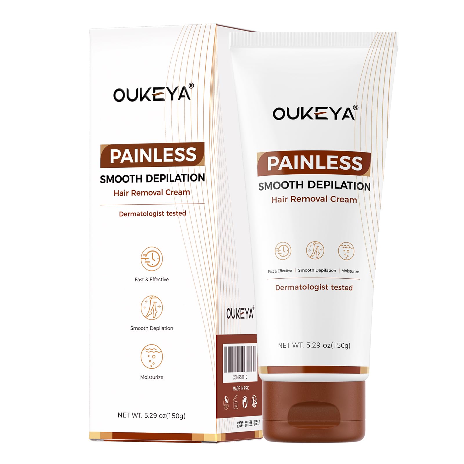 Hair Removal Cream for Women & Men Sensitive Skin, 5.29 oz Natural Extracts Depilatory Cream for Bikini Line Legs Arms Underarms, Dermatologically Tested Painless Hair Remove Gel