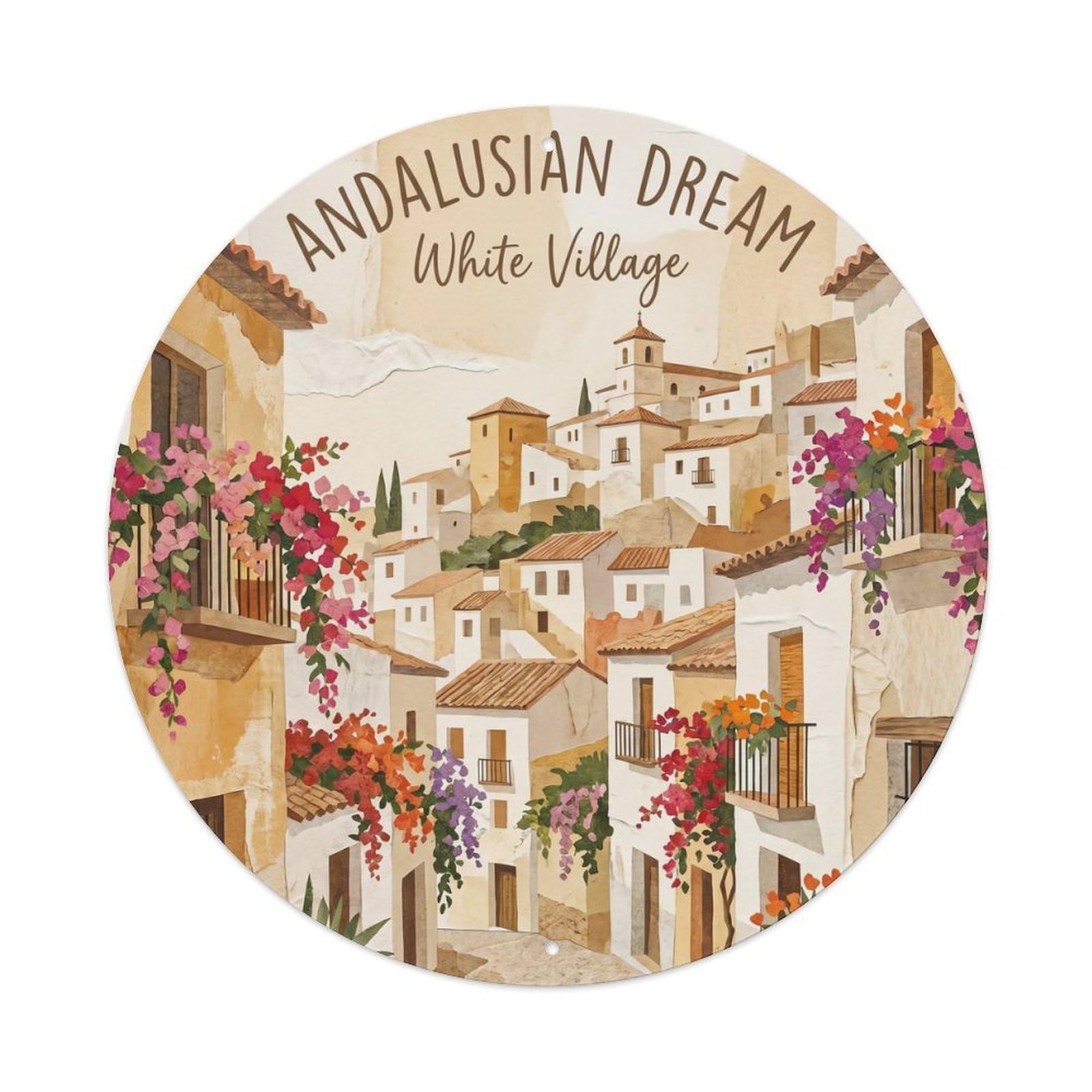 Yrnq Vintage Style Vintage Travel Andalusian White Village Vintage Metal Tin Sign Plaque Wall Decor For Cafe, Club, Garden Round Metal Poster 8X8inch