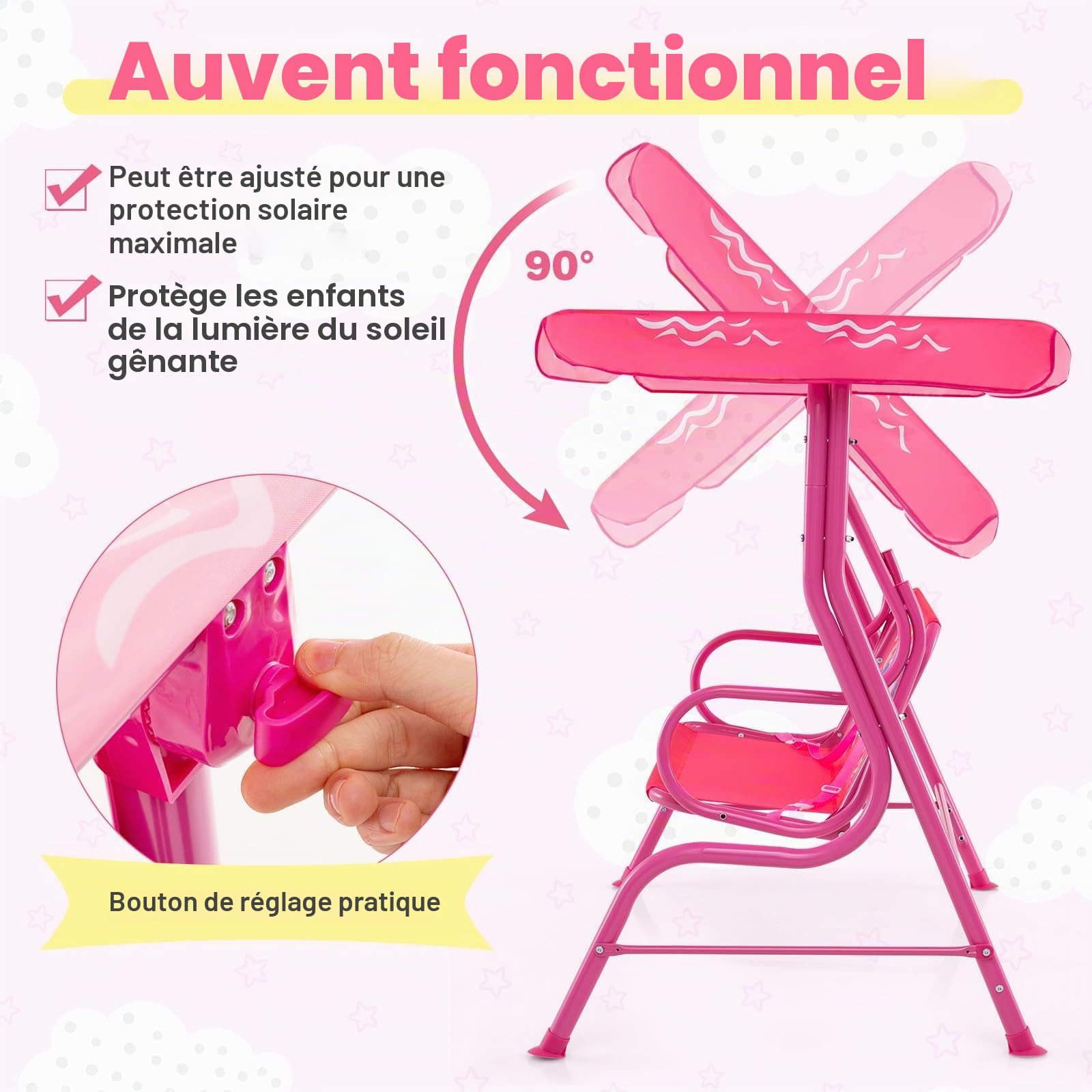 FANTASK Balancelle de Jardin 2 Places, pour Enfants, avec Sangles de sécurité et Toit Pare-Soleil réglable, pour Enfants, Rose