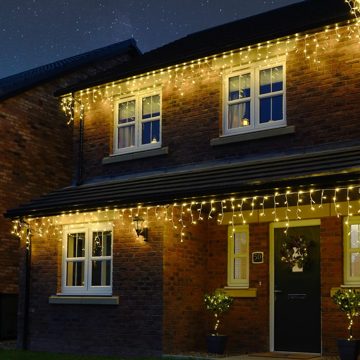 Festive Lights - ConnectPro® 10m Connectable Christmas Icicle Lights - 240 Warm White Flash Bulb LEDs - Mains Operated IP65 Outdoor Waterproof Decoration - Heavy Duty White Rubber Cable (No Plug)