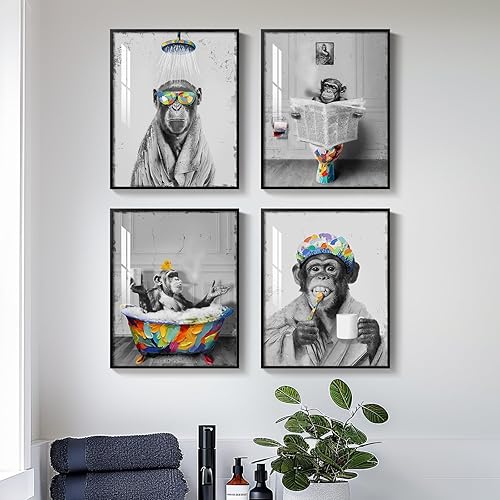 Miniatura 16 de Arte de pared divertido de vaca de las tierras altas enmarcado para baño, 4 piezas de divertidos animales, impresiones artísticas azul marino, linda