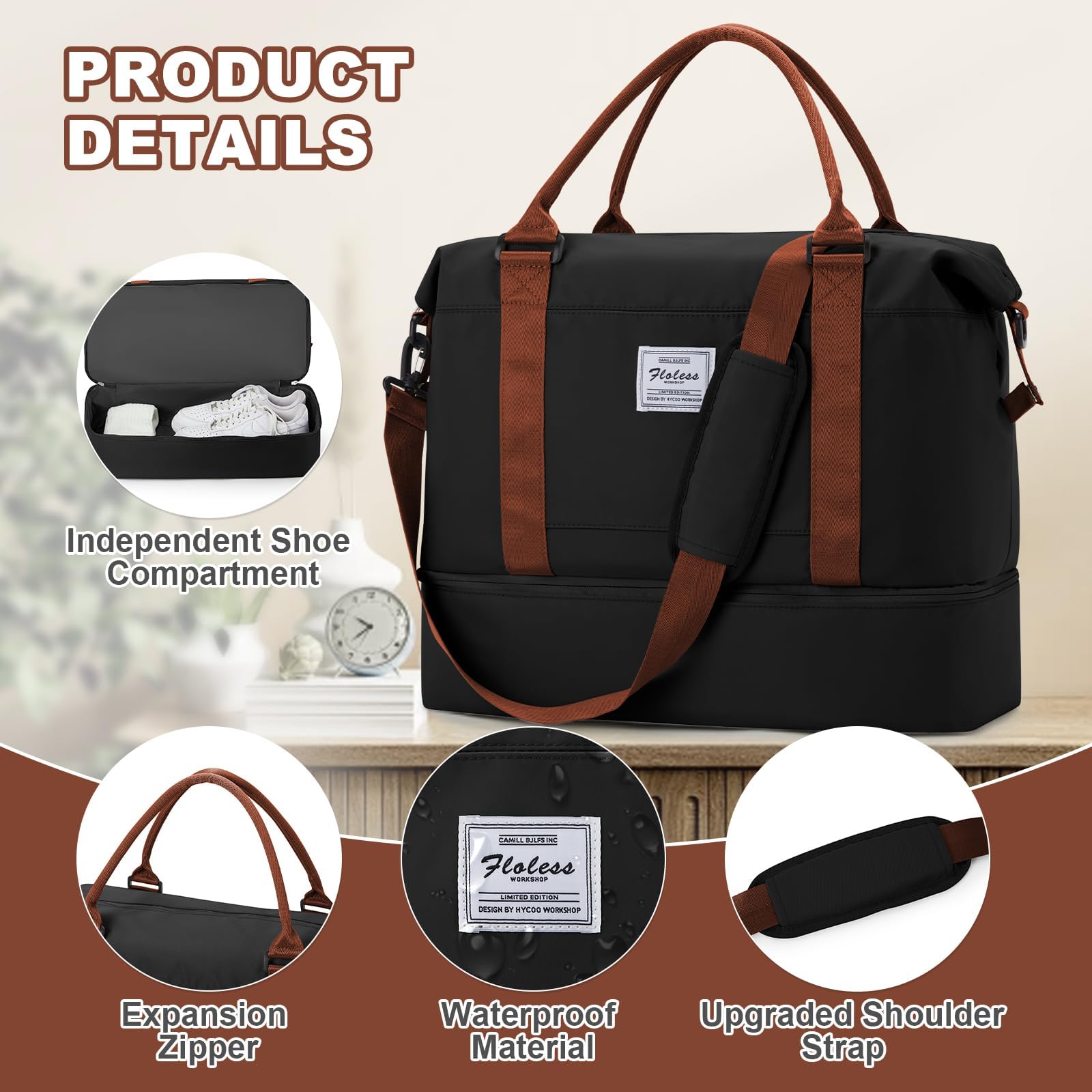 Sac de Voyage 45x36x20 pour Easyjet Bagage à Main Avion Sac Weekend Femme Homme Sacs Cabine Impermeable Sacs de Sport Voyage avec Compartiment à Chaussures Travel Bag,A06-Noir et Marron