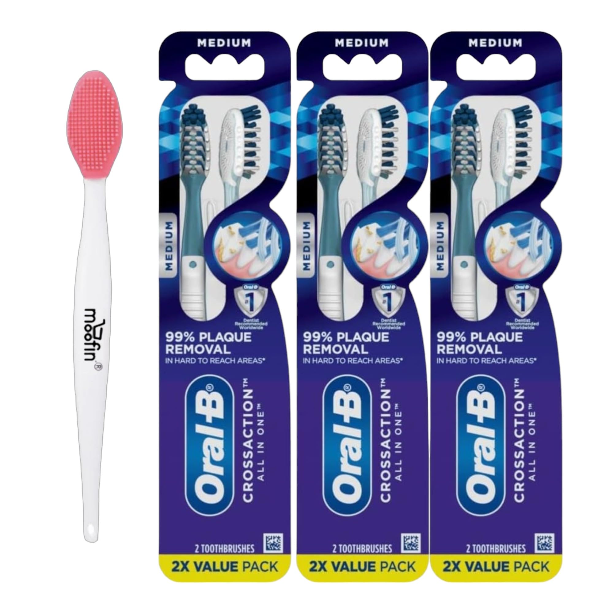 moofinOral-B CrossAction All in One Tooth Brush, 2 Count High-Performance Teeth Brush for Deep Cleaning, Medium Toothbrush Design for Adults, Nose Cleaning Brush, Ergonomic Handle, (Pack of 3)