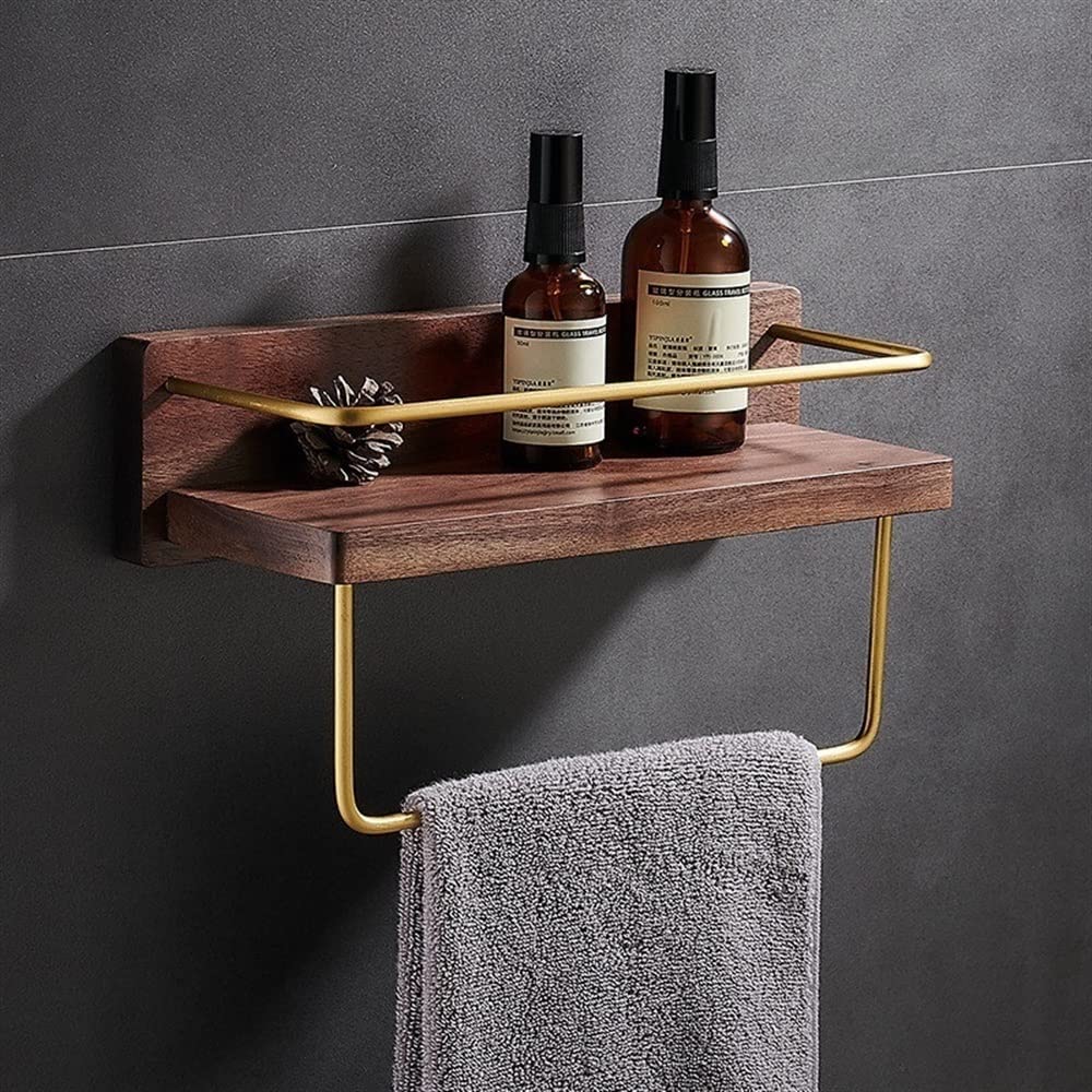 BAHELS Shower Caddy Wall Mounted Brushed Gold Bathroom Shelf Kitchen Storage Holder Bath Shower Shelf Brass and Wood