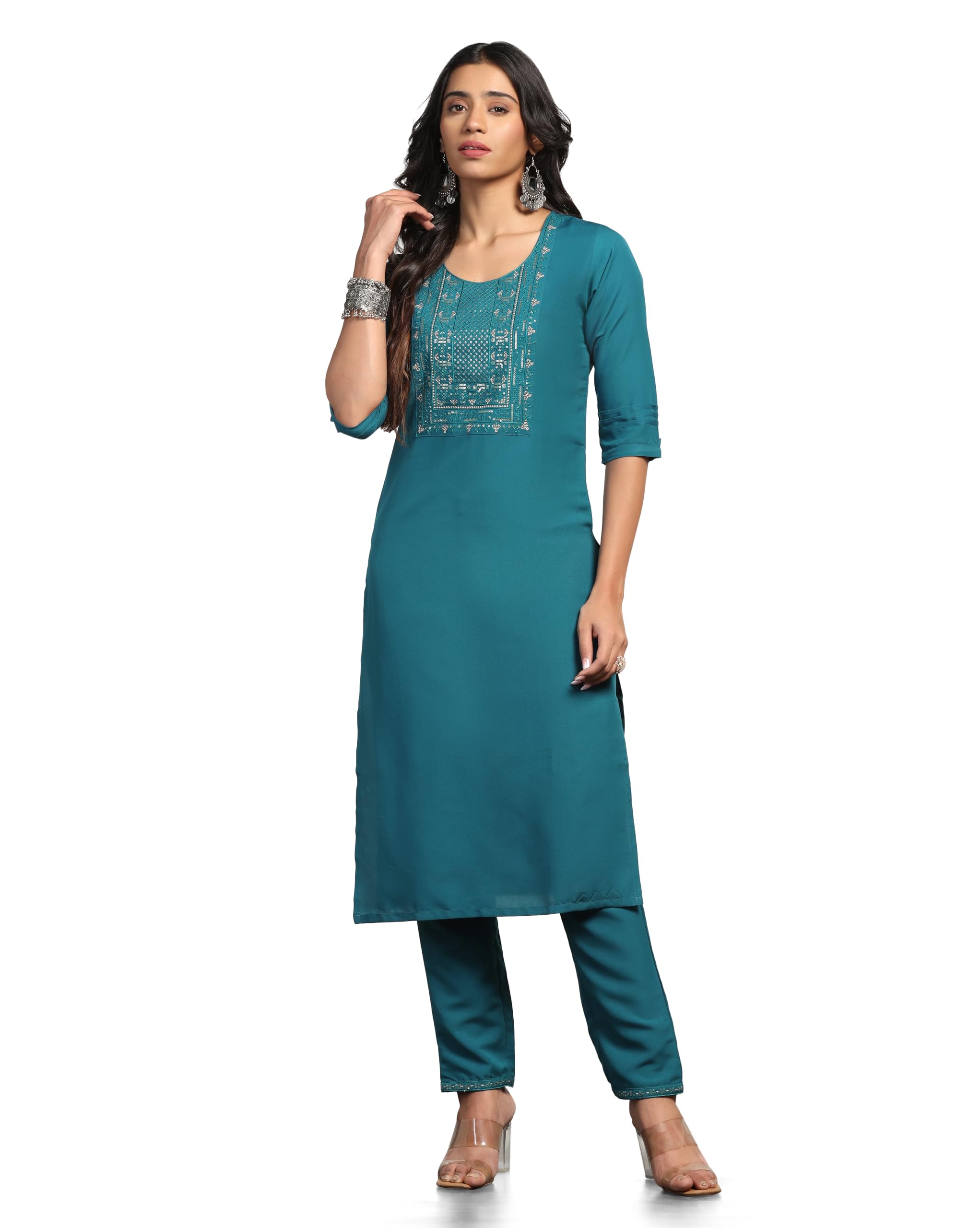Tadkee Women's Straight Sequence Work Kurta With Pant (Fn-Straight-Squance-Pair-105-Blue-L)
