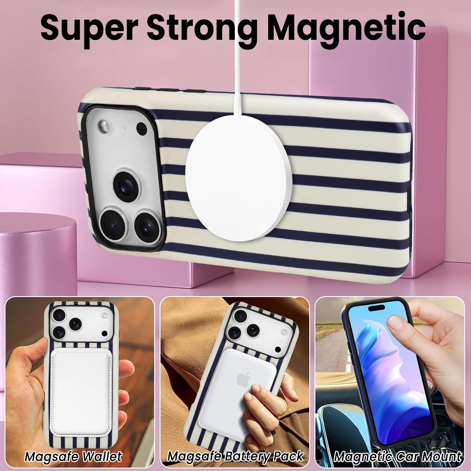 SOKAD Magnetic Vertical Stripes Phone Case for iPhone 17 Pro Max, Cute Navy Blue Striped Line Pattern Compatible with Magsafe Matte Protective Case Cover with Screen Protector for Girls Women - Image 4