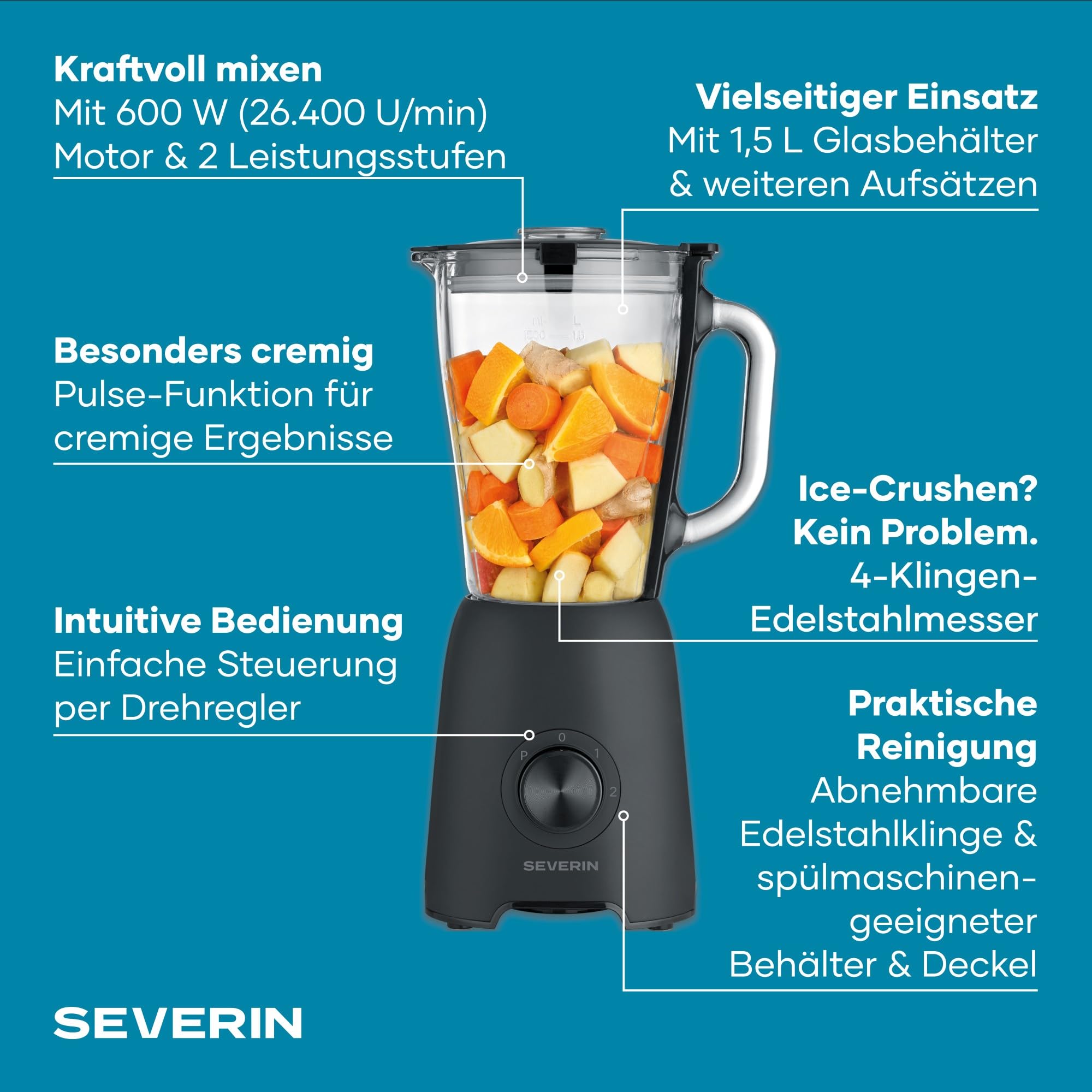 Severin Standmixer, Smoothie Maker, Blender elektrisch, 1,5L, 2 Stufen, Impulsfunktion, spülmaschinengeeignete Teile, Edelstahlmesser, inkl. to go Behälter und Mühlen-Aufsatz, 600W, schwarz, SM 3724