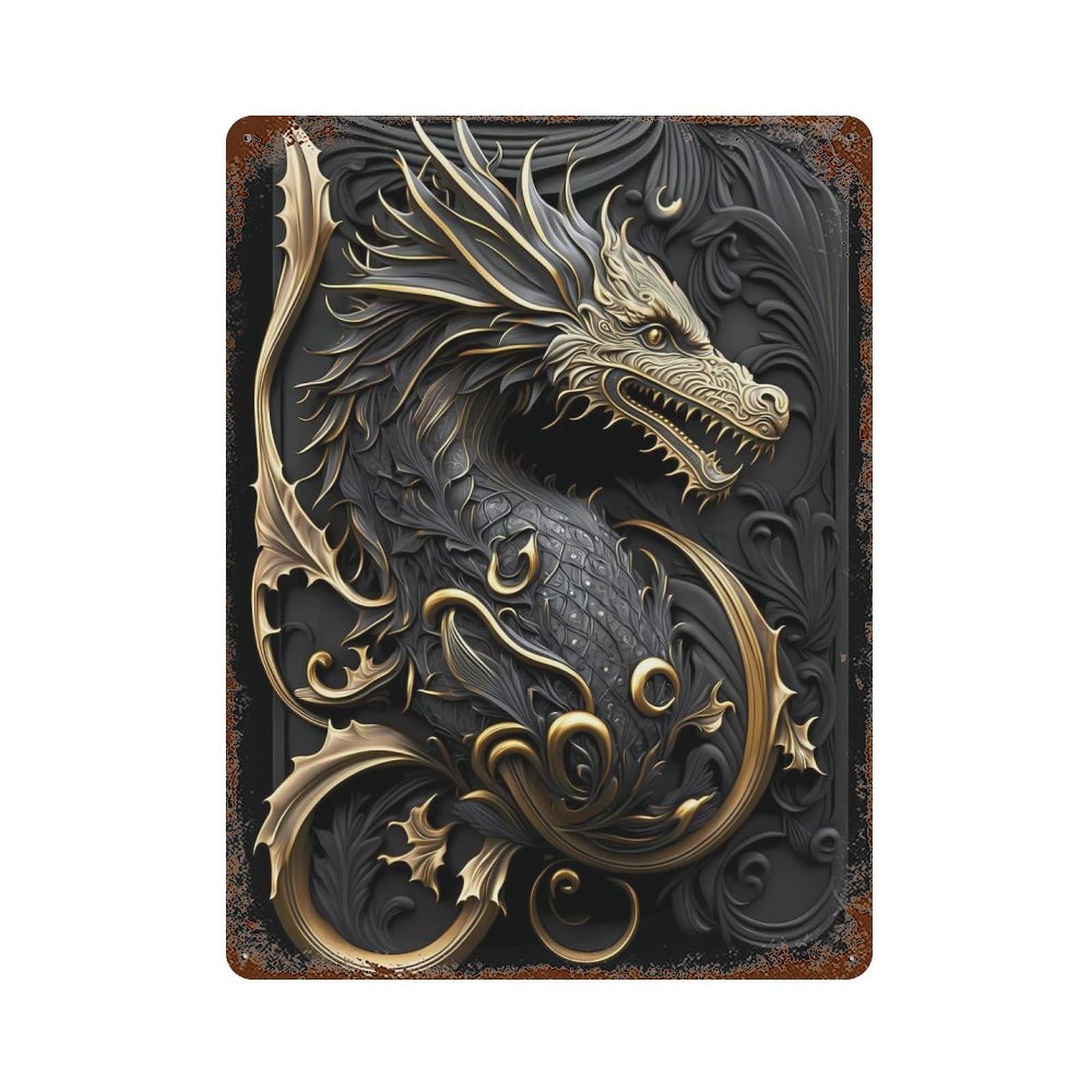 Weathered Tin Sign Dragon Monarch Art Deco 15.7"x11.8", Rustic Home Decor for Basement, Hobby Room And Garage Decor