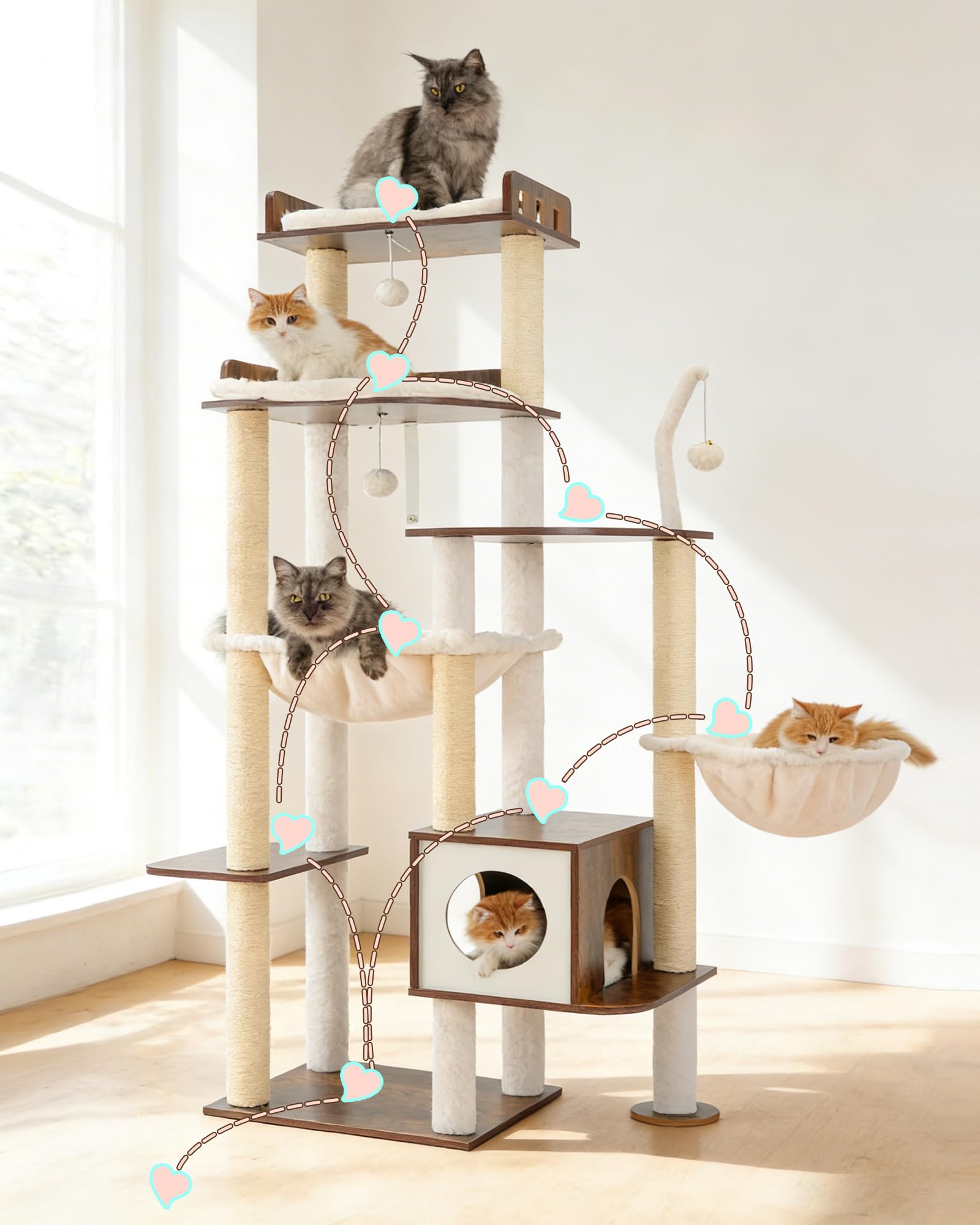 Heybly Tiragraffi per Gatti, Albero in Legno da 179 cm per Gatti Grandi, Struttura Ultra-Stabile, Arredo Moderno con Rivestimento in Sisal Totale, Condo e Amache, Marrone Vintage HCT121SR