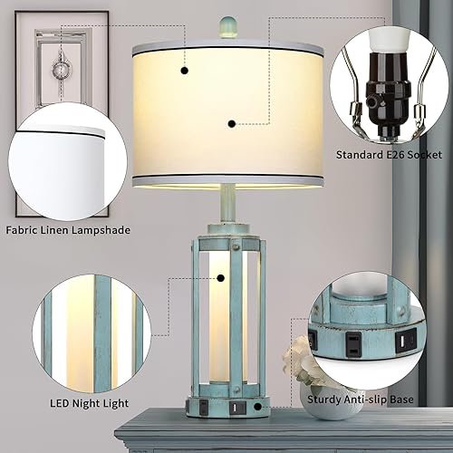 Miniatura 2 de Lámpara de mesa para sala de estar, lámparas de granja industriales rústicas vintage con puertos de carga USB A+C y salida de CA