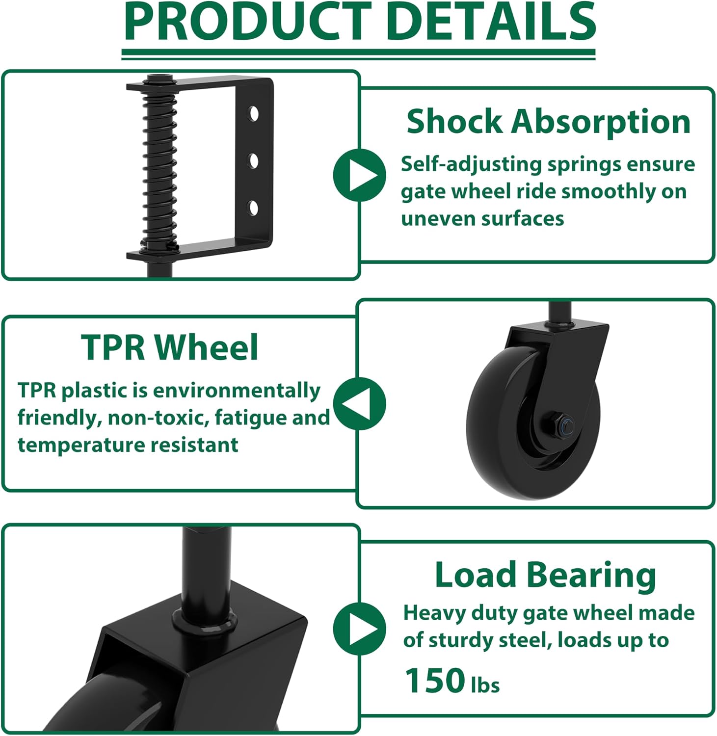 4.3"Heavy Duty Gate Wheel 360° Rotation Gate Wheel with Spring Loaded Shock Absorption Gate Caster Gate Kit for Fence, Farm, Garden and Wooden Gate 150 Lbs Capacity (2Pack)
