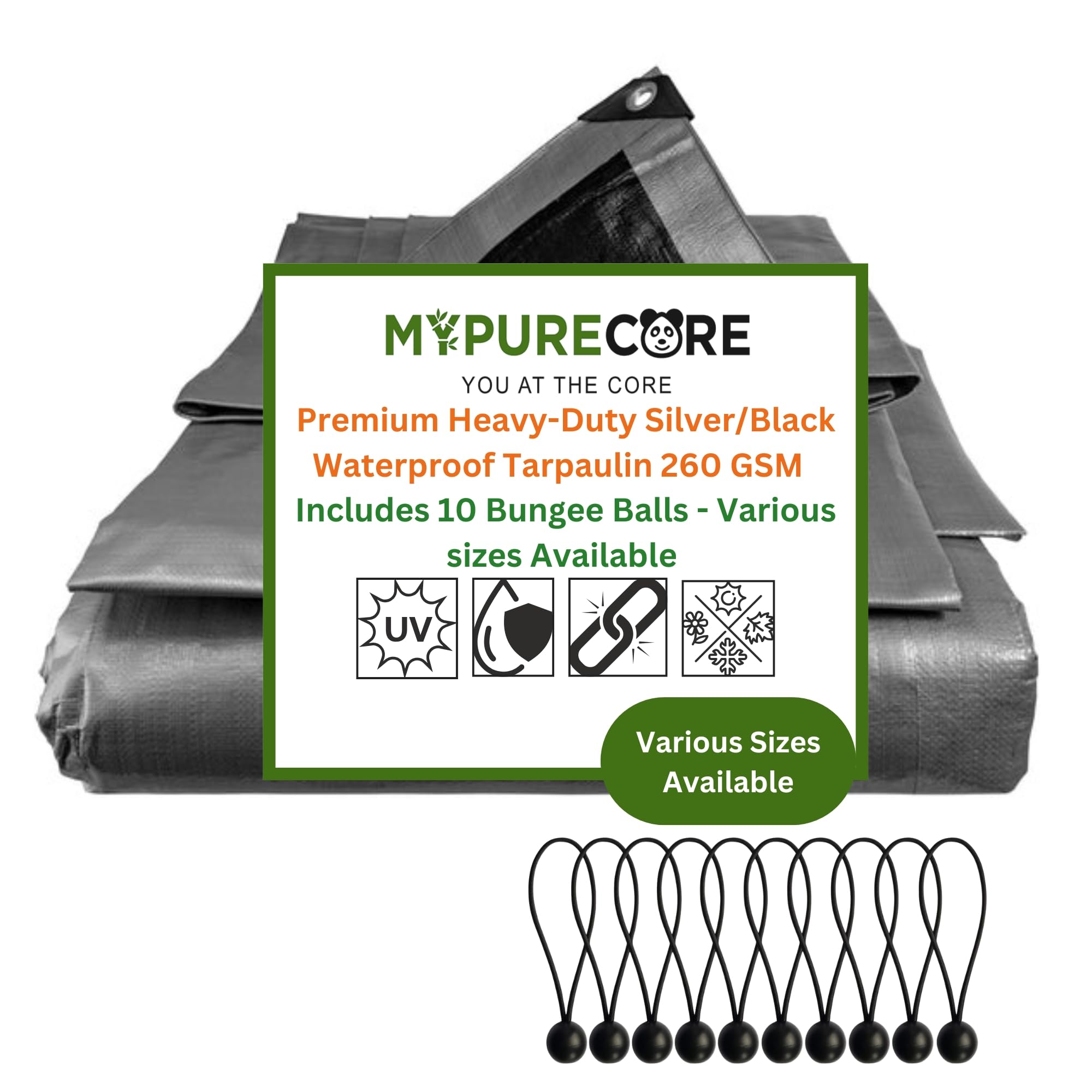 MYPURECORE Heavy-Duty Tarpaulin 260 GSM with 10 Bungee Balls – Waterproof, UV & Frost-Resistant Tarp – Silver/Black Reversible Cover for Camping, Garden, Gazebo, Trailer & Outdoor Use (4m x 6m)