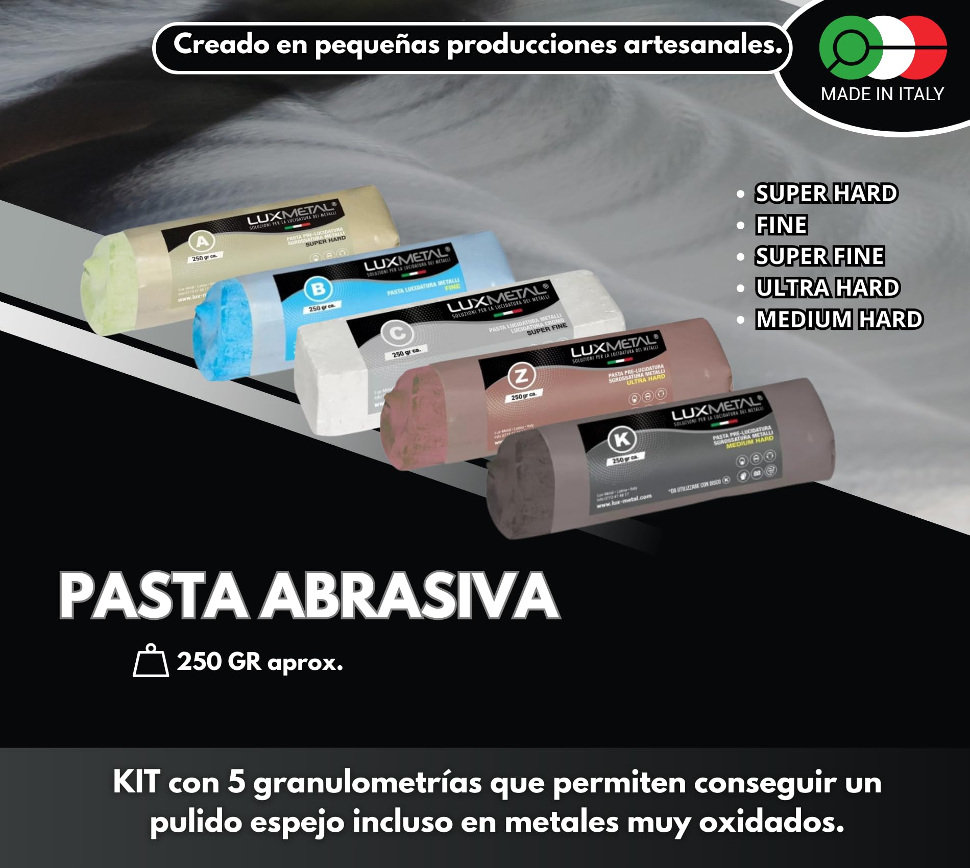 Lux Metal - Kit 5 Discos Pulidores 150 mm 5 Pastas Abrasivas Pulidoras 250 gr Para Aluminio Hierro Acero Inoxidable Bronce Mármol Rueda de Pulido para Metales Taladro Muela Amoladora Fieltro Algodón