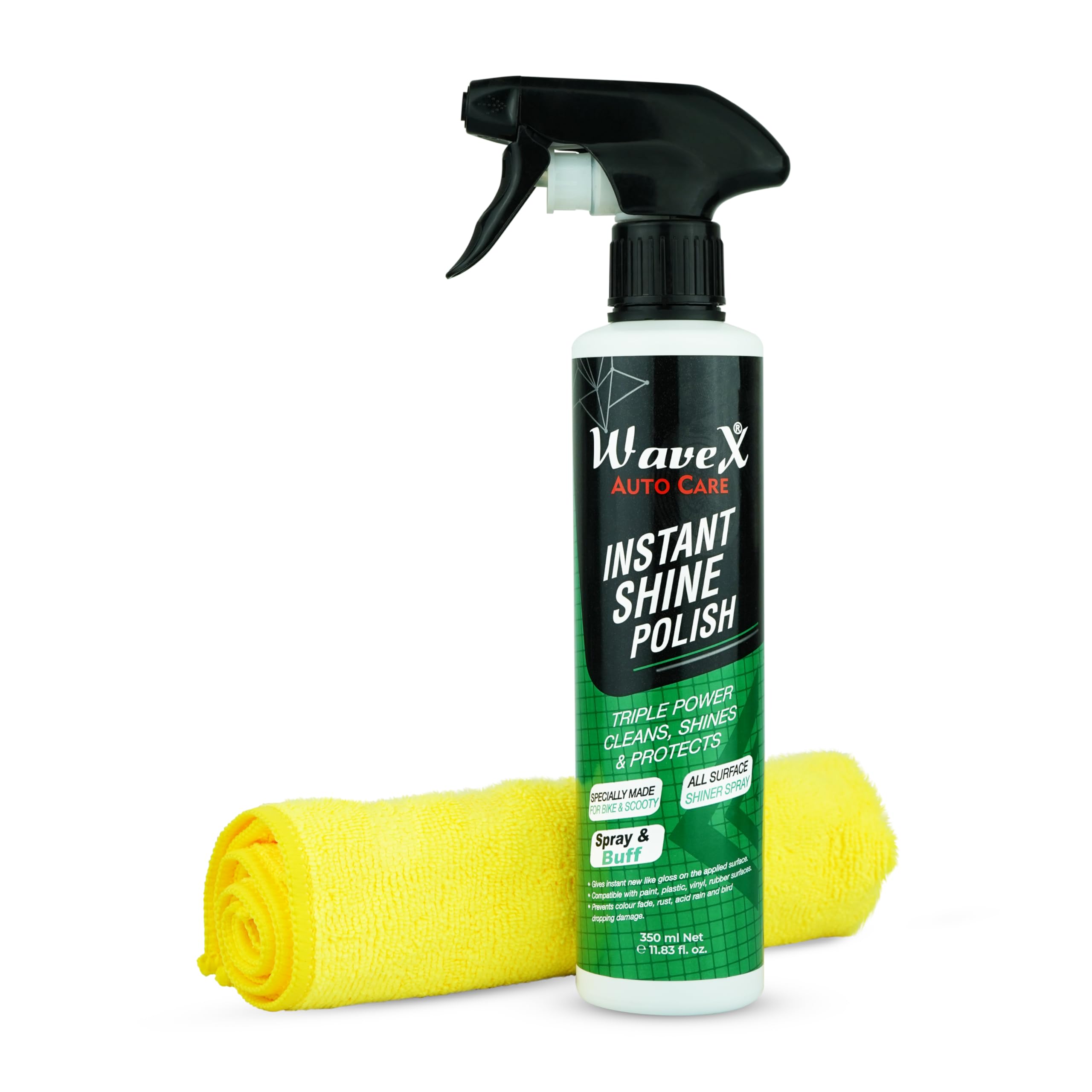 Wavex Instant Shine Bike Polish 350ml with Microfiber Cloth | All in One Bike Polish for Restoring Showroom Look of Bikes & Scooters