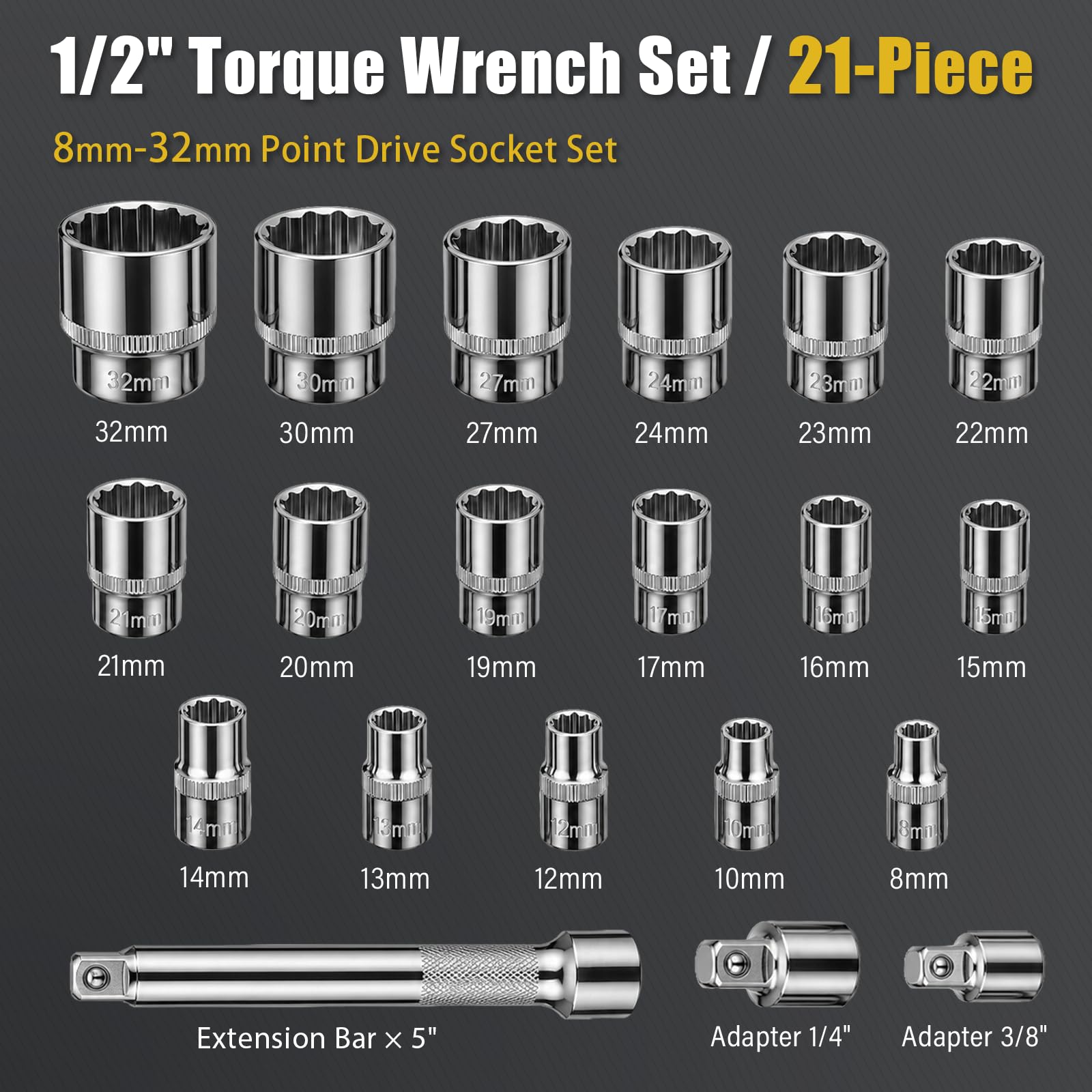 Set di 21 chiavi dinamometriche a scatto da 1/2", 20-220 Nm, precisione ±3%, doppia scala, testa reversibile per auto, pneumatici e moto