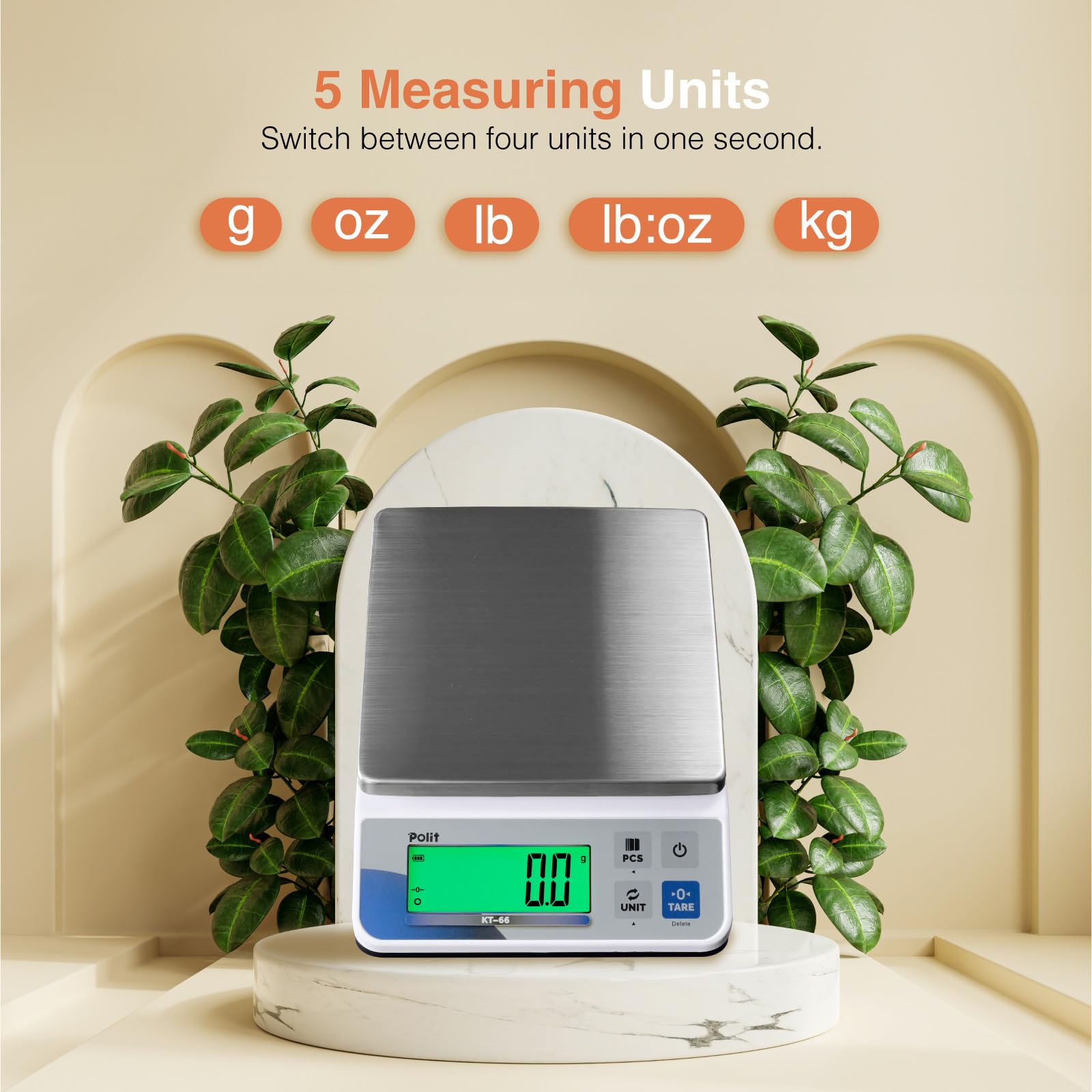 Polit Digital Kitchen Scale KT-66 30lb/13kg?0.05oz/1g Precision Food Scale with LCD Display?Battery or Plug-in?Stainless Steel Top?Grams, Ounces, Pounds?5 Units for Baking, Farming & Shipping Scale