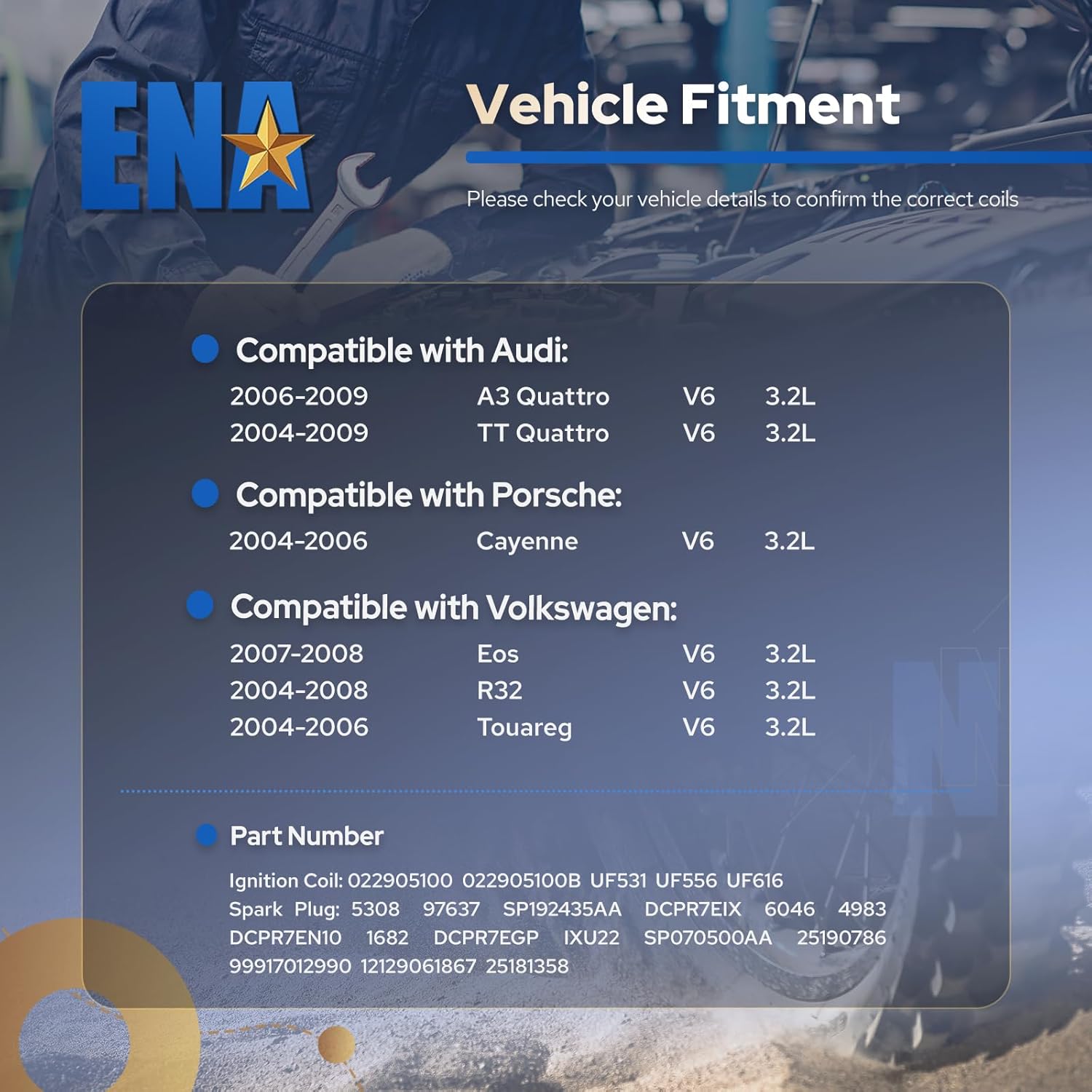 ENA Set of 6 Ignition Coil Pack with 6 Iridium Spark Plug Compatible with Audi Porsche Volkswagen A3 TT Cayenne Eos R32 Touareg Quattro V6 3.2L 2004 2005 2006 2007-2009 for UF531 UF556 5308