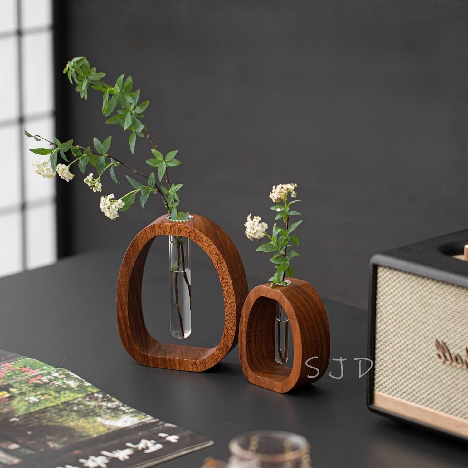 Walnut Wood Glass Flower Vase with Test Tubes | Modern Hydroponic Planter for Fresh Cut Flowers | Handcrafted Tabletop Decor for Home, Office, Farmhouse Style (Large+Small)