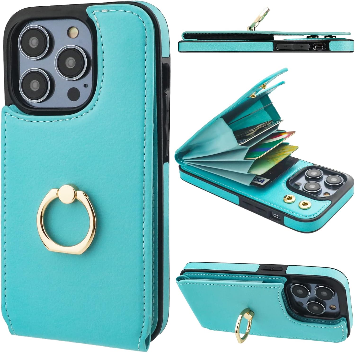 folosu compatible with iphone 14 pro case wallet with card holder, 360 rotation finger ring holder kickstand, rfid blocking leather protective double buttons shockproof cover 6.1 inch green