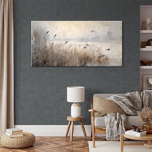 Miniatura 6 de LASMOND Arte de pared vintage de prado para sala de estar, lienzo de junco, impresiones grandes retro rústicas estilo cabañas, paisaje, granja,