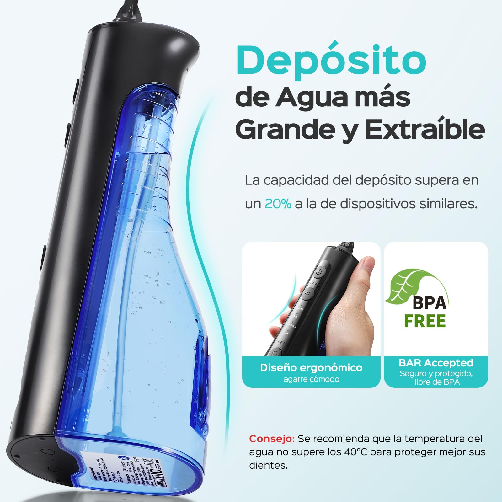 COSLUS Irrigador Dental Bucal Portatil: 4 Modos y 20 Presión - IPX7 Irrigador Bucal Inalámbrico para Salud Bucal Braces Encías Sensibles -Limpieza Dental de Viaje Hogar con 4 Boquillas -Negro Oscuro
