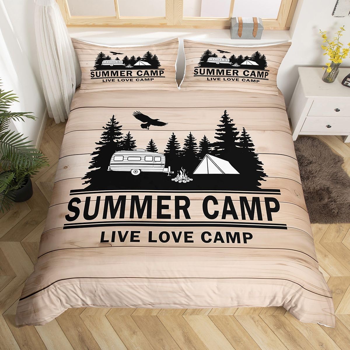 Erosebridal Camping Bedding Full Size for Boys Kids Teens Camper Bedding, Rustic Farmhouse Style Duvet Cover Old Barn Door Home Decor Comforter Cover, with 2 Pillowcases