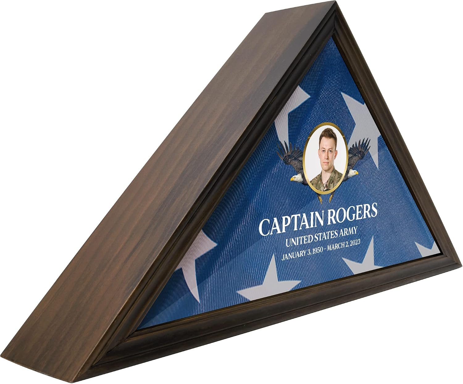 Solid Wood Personalized Flag Box for American Veteran Flag, 9.5 X 5 Feet Full Color, UV Printed Display Case for Burial Flag, Flag Box Display Case with Glass Front for Folded Flag, Walnut (Design 5)