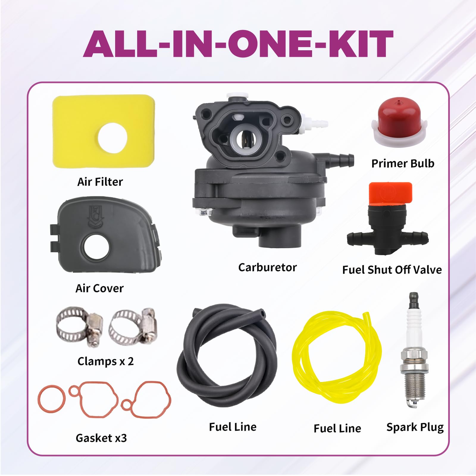 Hypersky 799583 - Kit de carburador para cortacésped de 125 cc, 140 cc, 500E, 300E, 450E, 550EX, 500, 09P602, 9P602, 08P502, 8P502, motor de 4 ciclos para exteriores, repuesto 593261 591979 59111 60 y